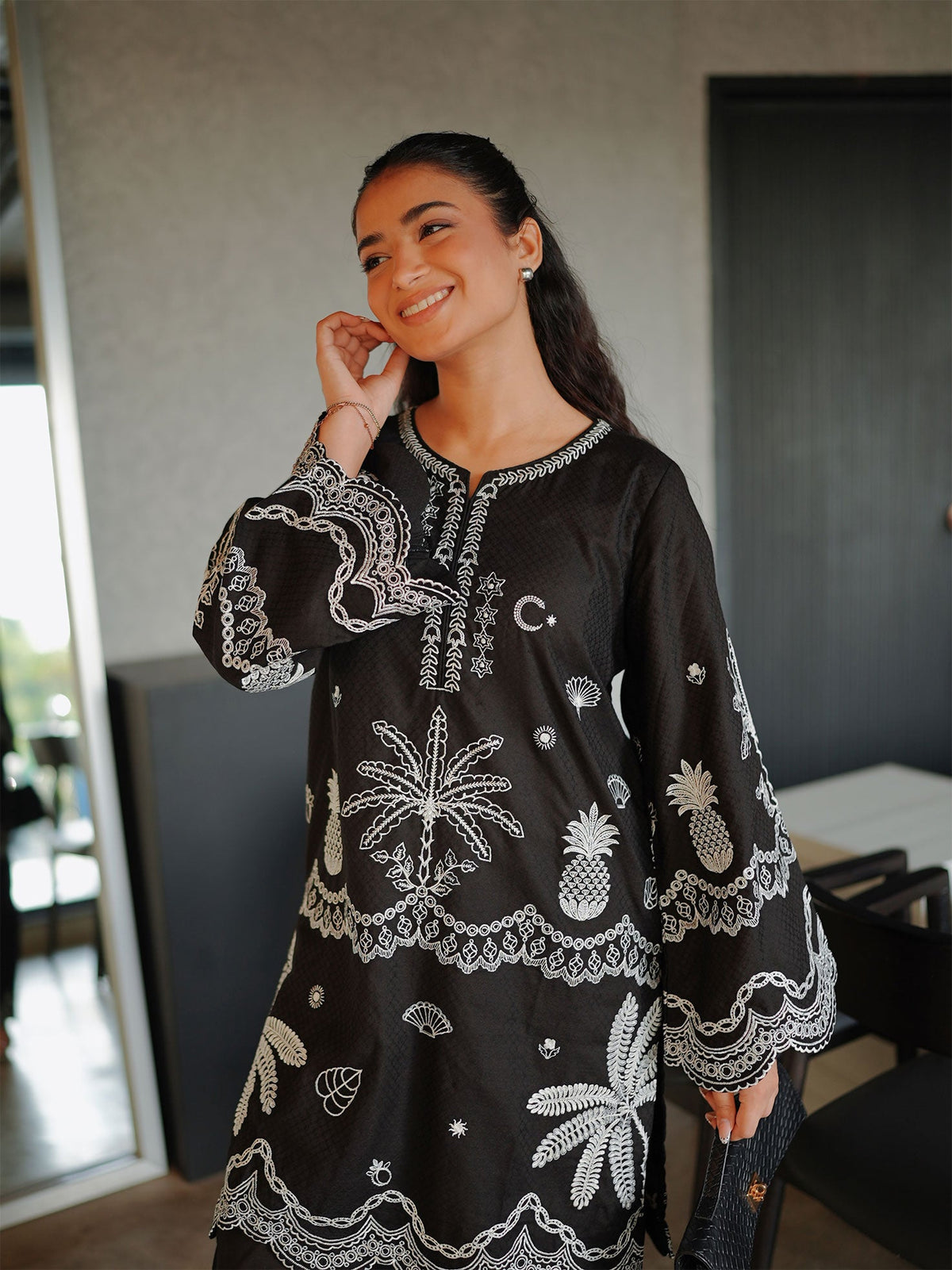 SS26DC-2590 - BLACK - COTTON JACQUARD - 2PCS - EMBROIDERED KURTA WITH TROUSER