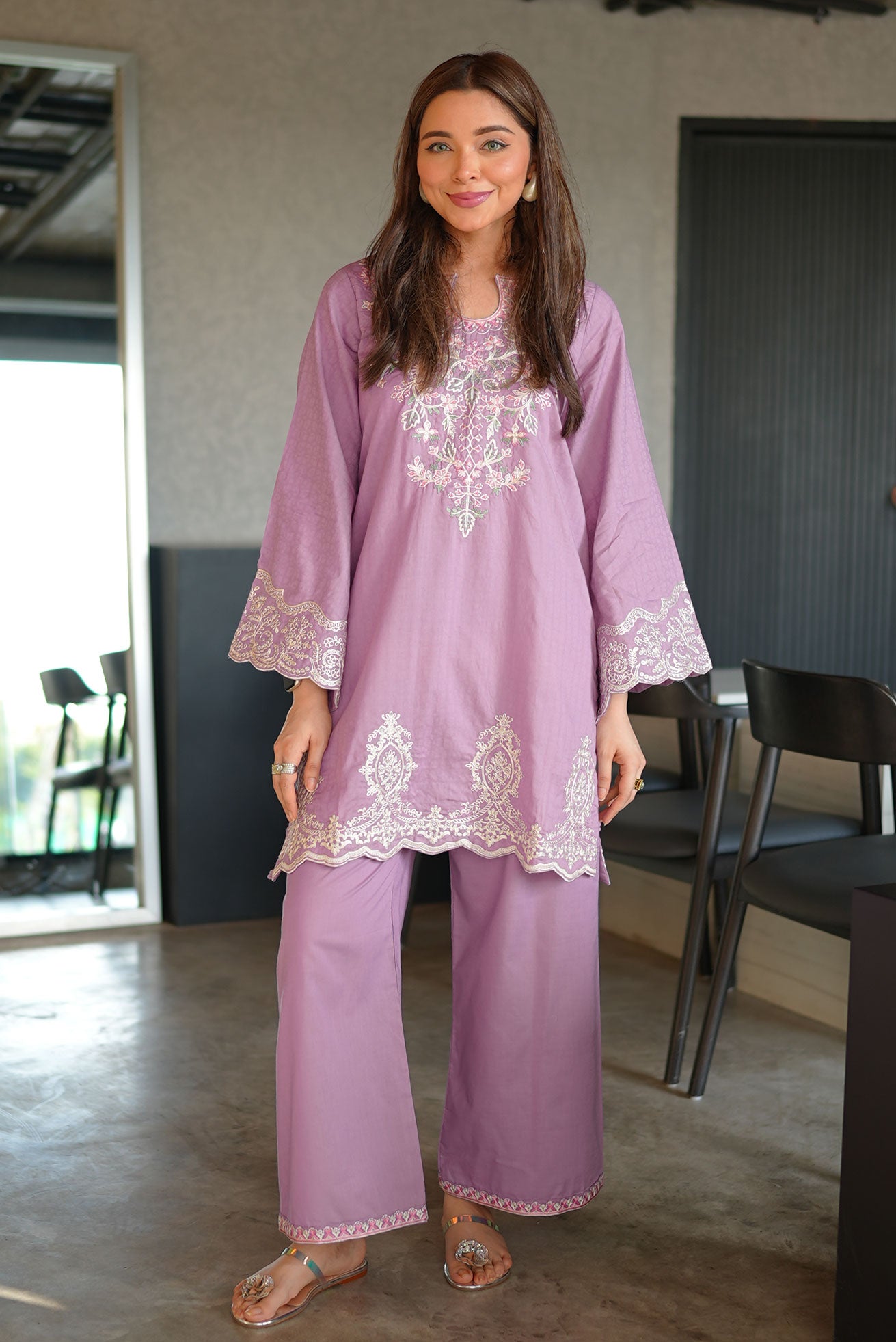 SS26DC-2591 - PURPLE - COTTON JACQUARD - 2PCS - EMBROIDERED KURTA WITH TROUSER