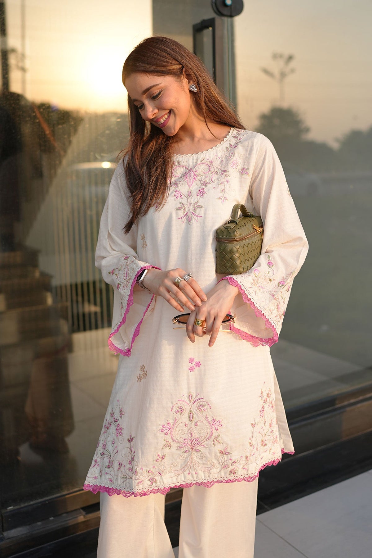 SS26DC-2592 - OFF WHITE - COTTON JACQUARD - 2PCS - EMBROIDERED KURTA WITH TROUSER