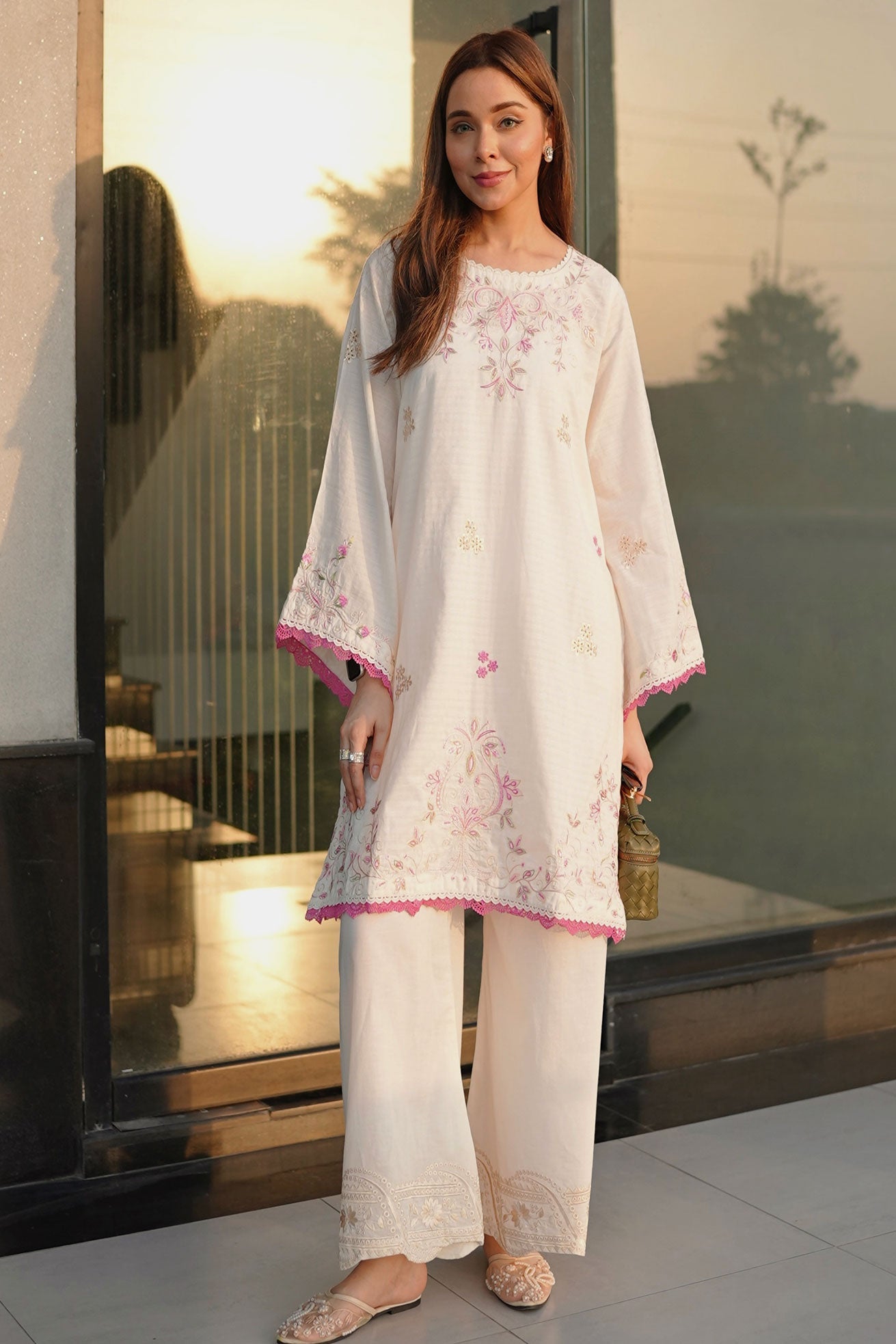 SS26DC-2592 - OFF WHITE - COTTON JACQUARD - 2PCS - EMBROIDERED KURTA WITH TROUSER