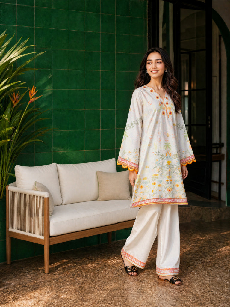 SS26DC-2612 CREAM LAWN 2PCS EMBROIDERED KURTA WITH TROUSER