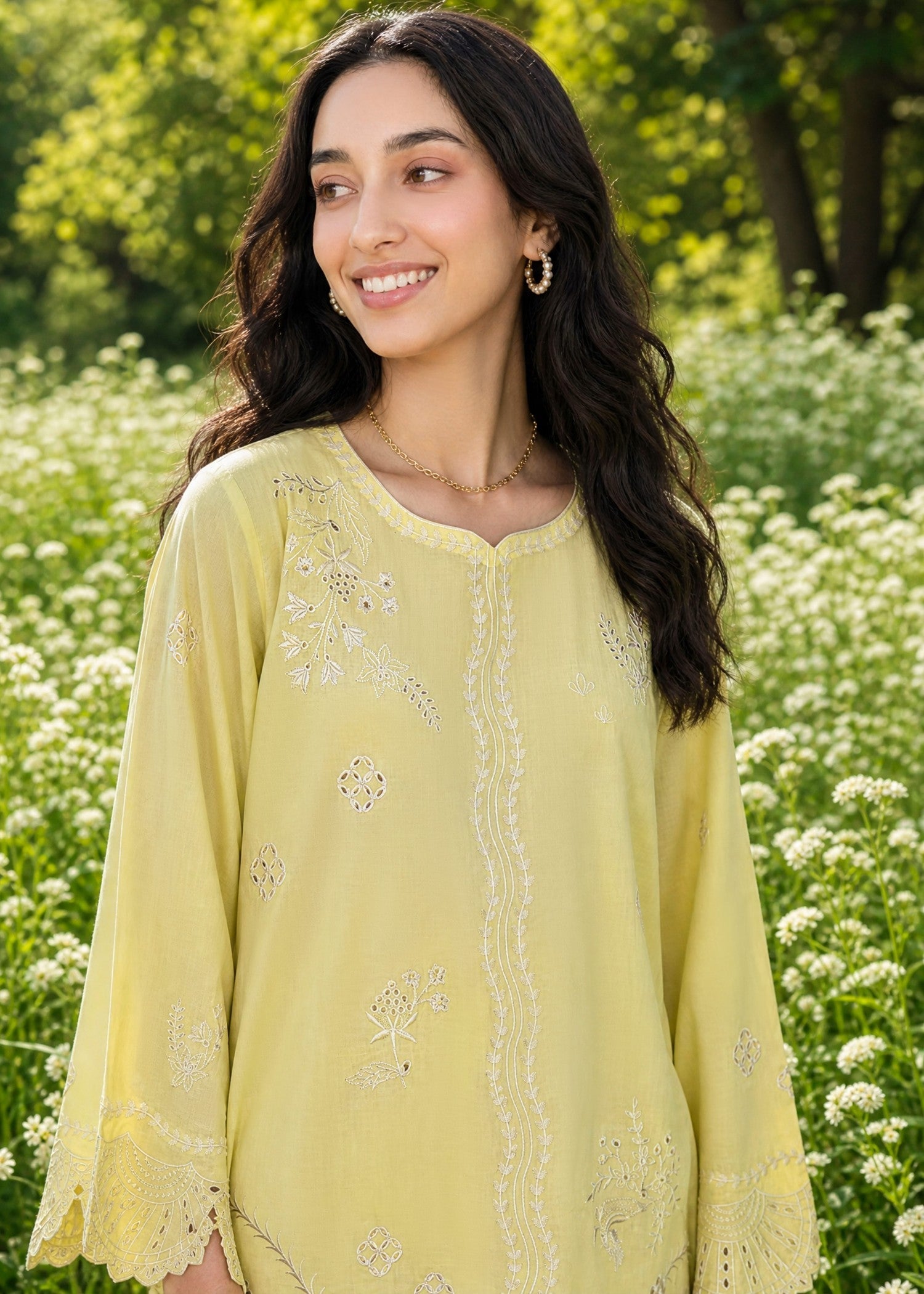SS26DC-2621 YELLOW 2PCS  EMBROIDERED KURTA WITH TROUSER