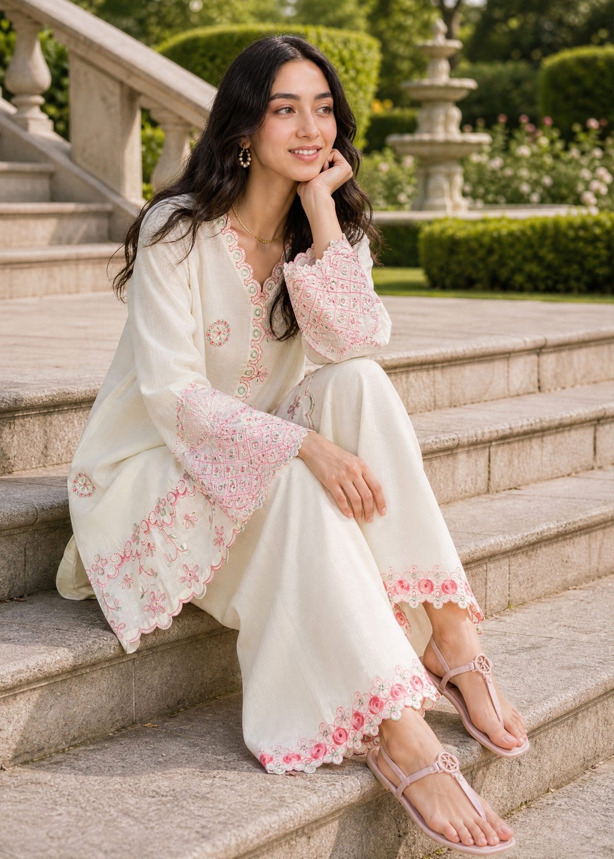 SS26DC-2625 OFF WHITE 2PCS  EMBROIDERED KURTA WITH TROUSER