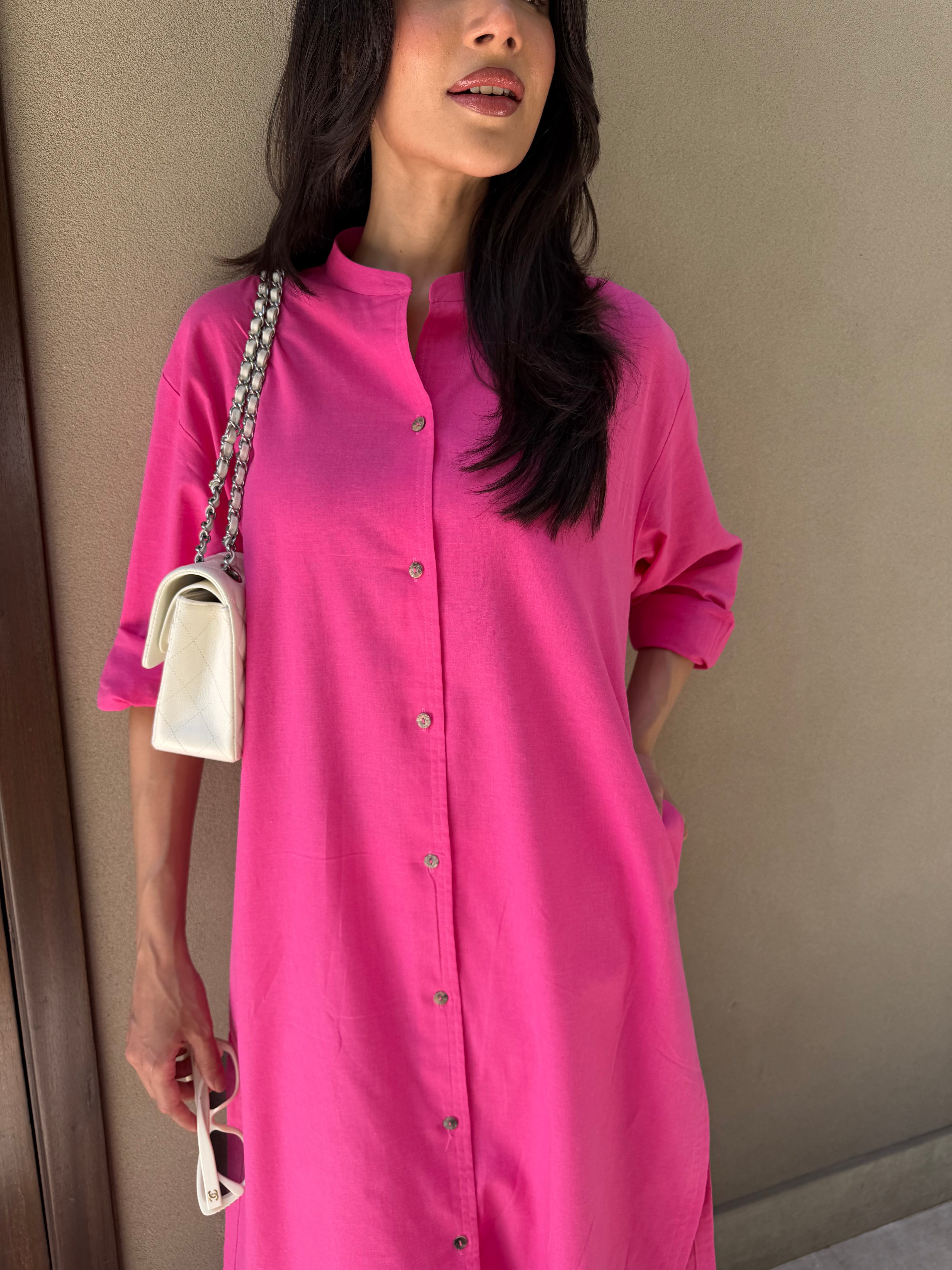 Oversized Linen Shirt Dress in Hot Pink