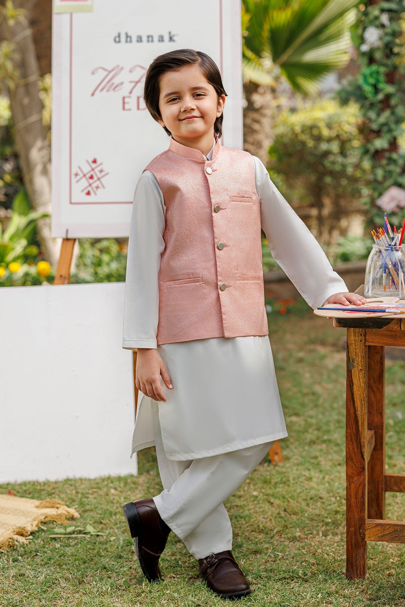 SS26DK-0224 - LIGHT PINK  -  KURTA ,PAJAMA & WAIST COAT - 3PCS