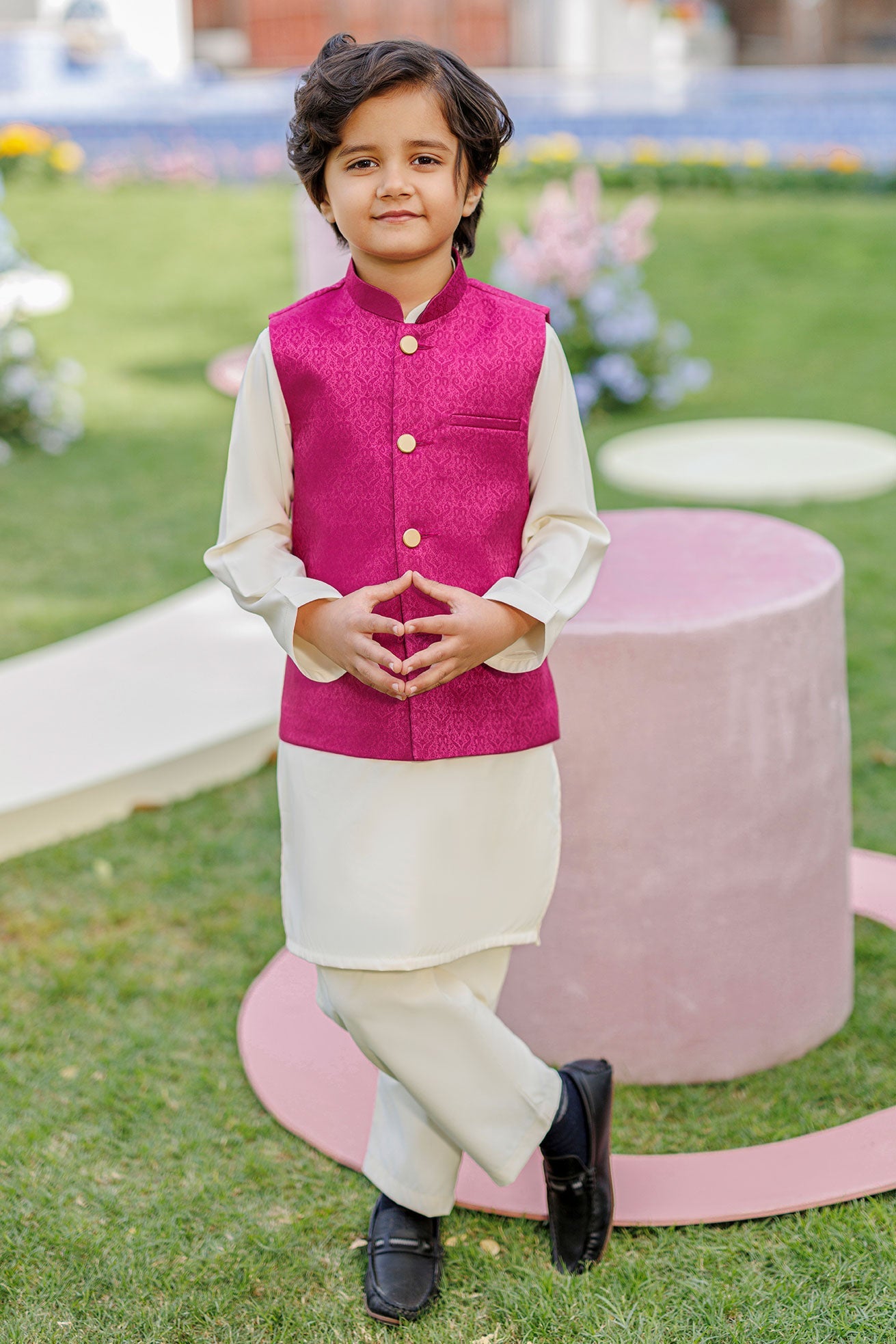 SS26DK-0226 - MAGENTA  -  KURTA ,PAJAMA & WAIST COAT - 3PCS