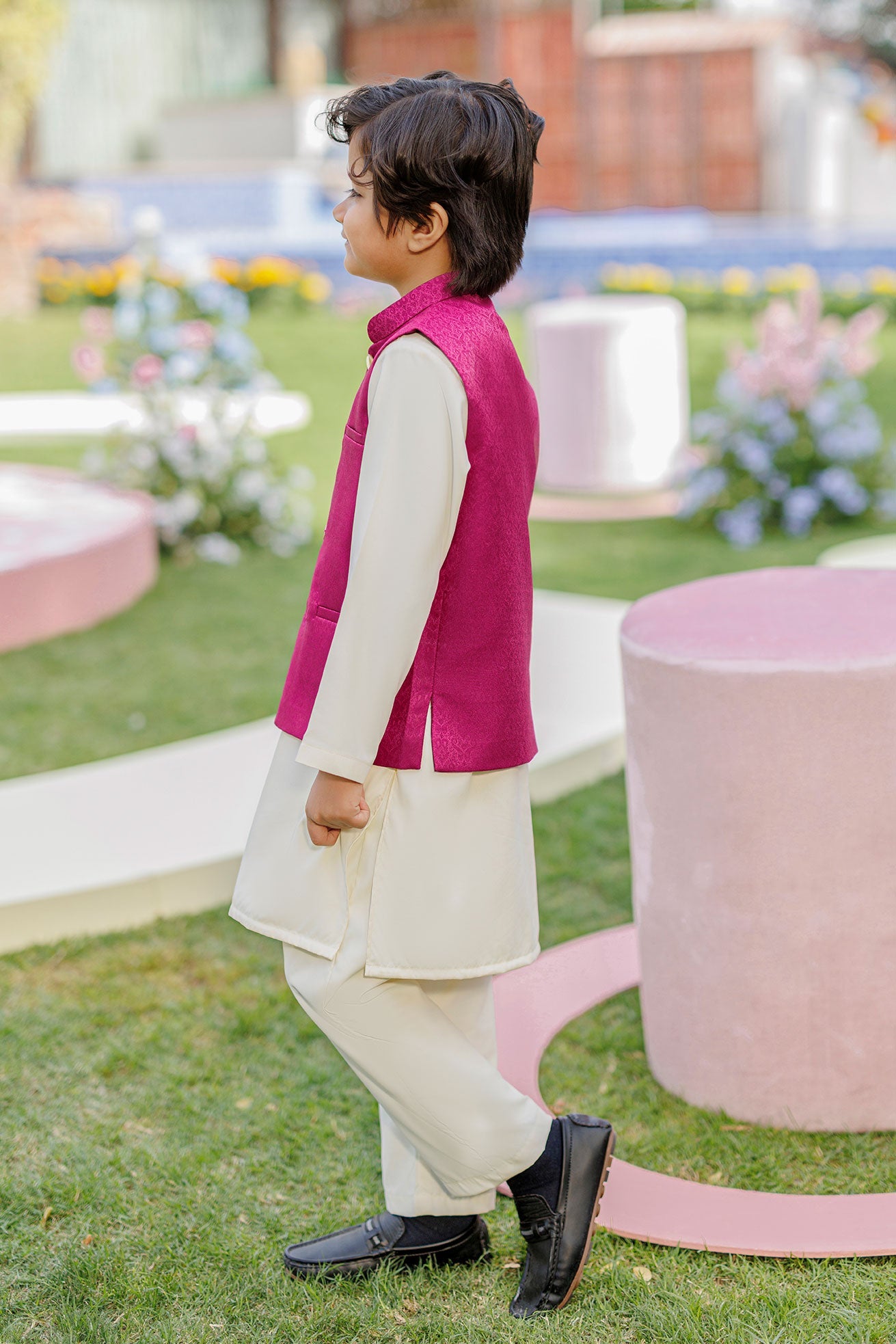 SS26DK-0226 - MAGENTA  -  KURTA ,PAJAMA & WAIST COAT - 3PCS