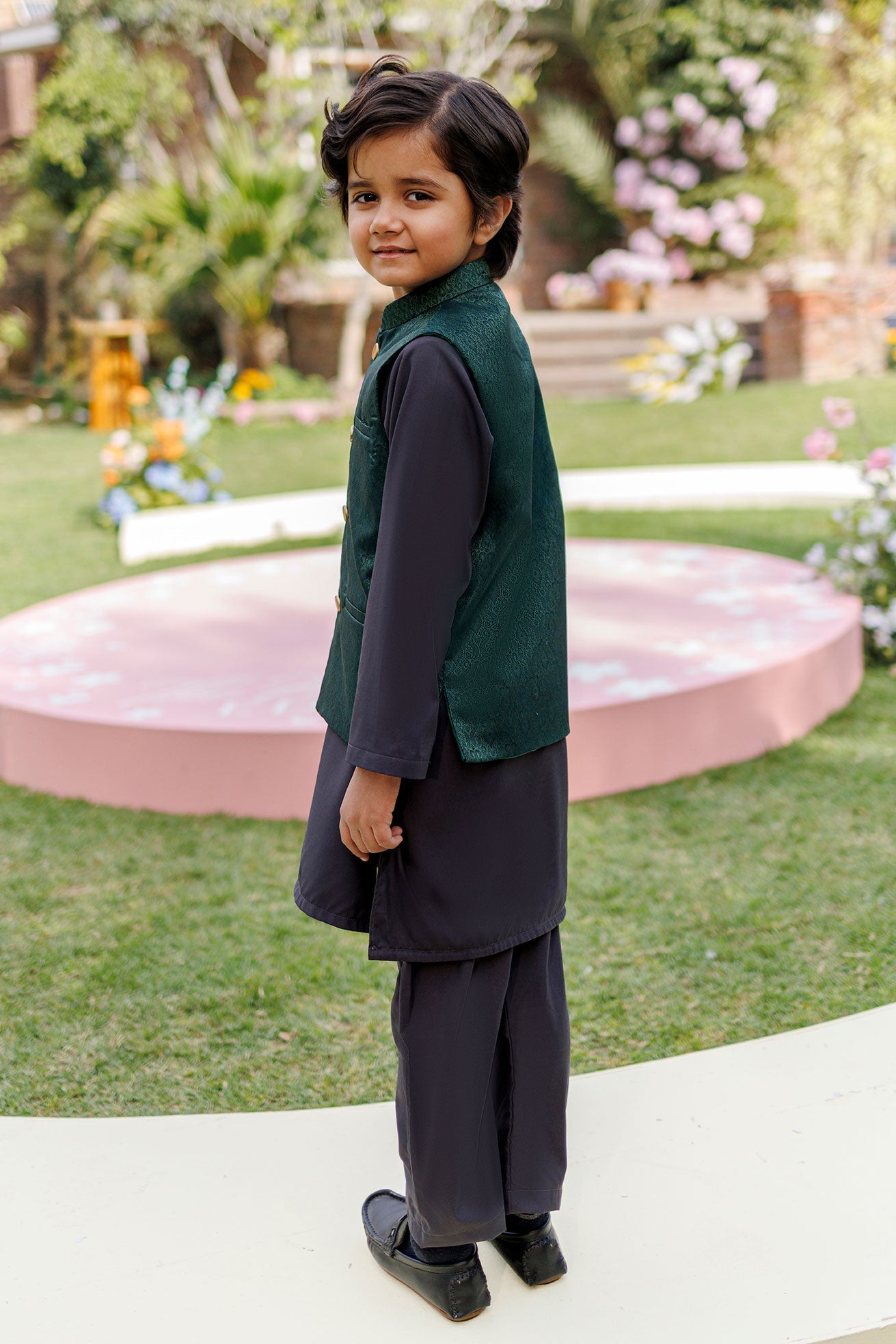 SS26DK-0227 - BOTTLE GREEN  -  KURTA ,PAJAMA & WAIST COAT - 3PCS