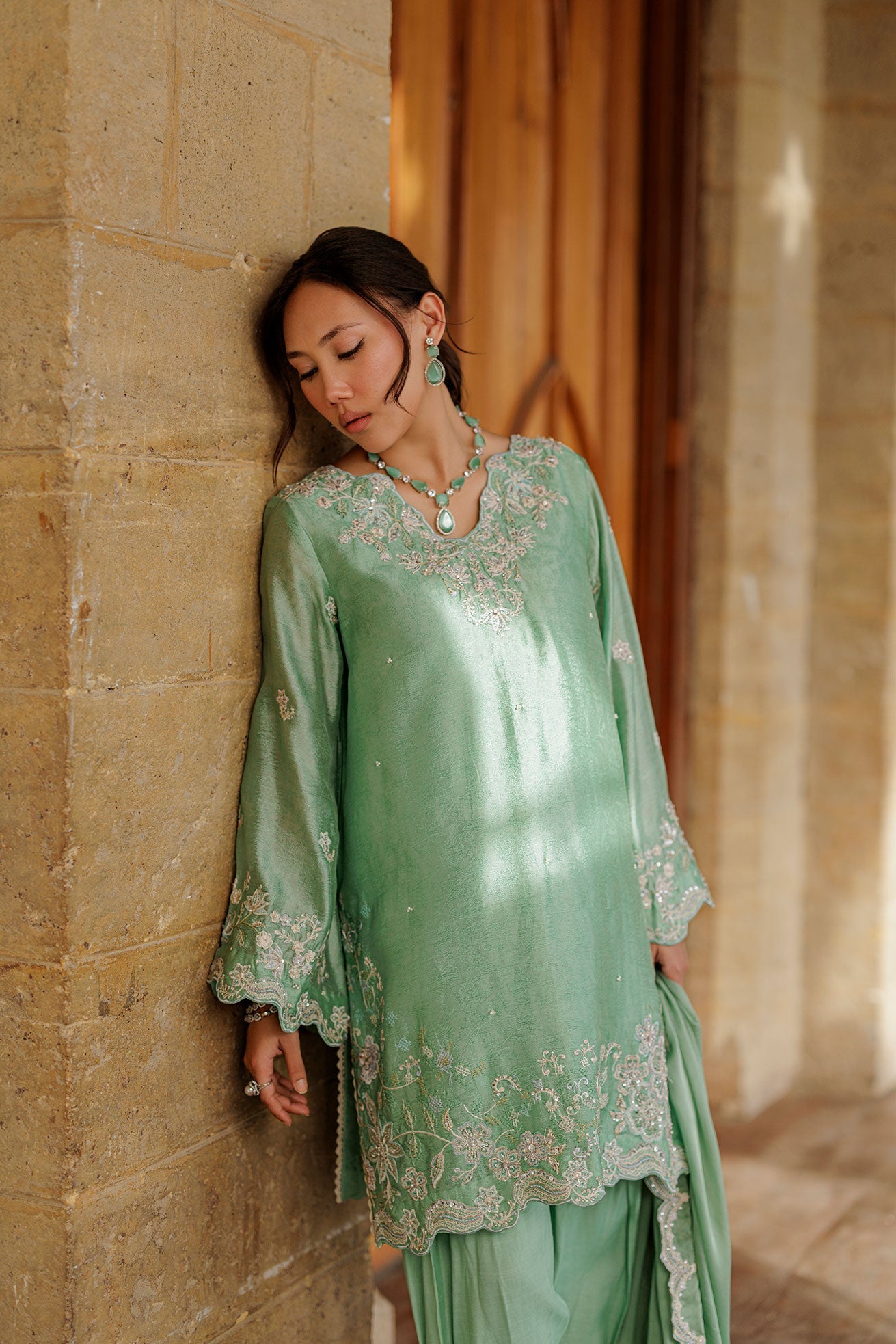 2 Piece Embroidered Raw Silk Suit
