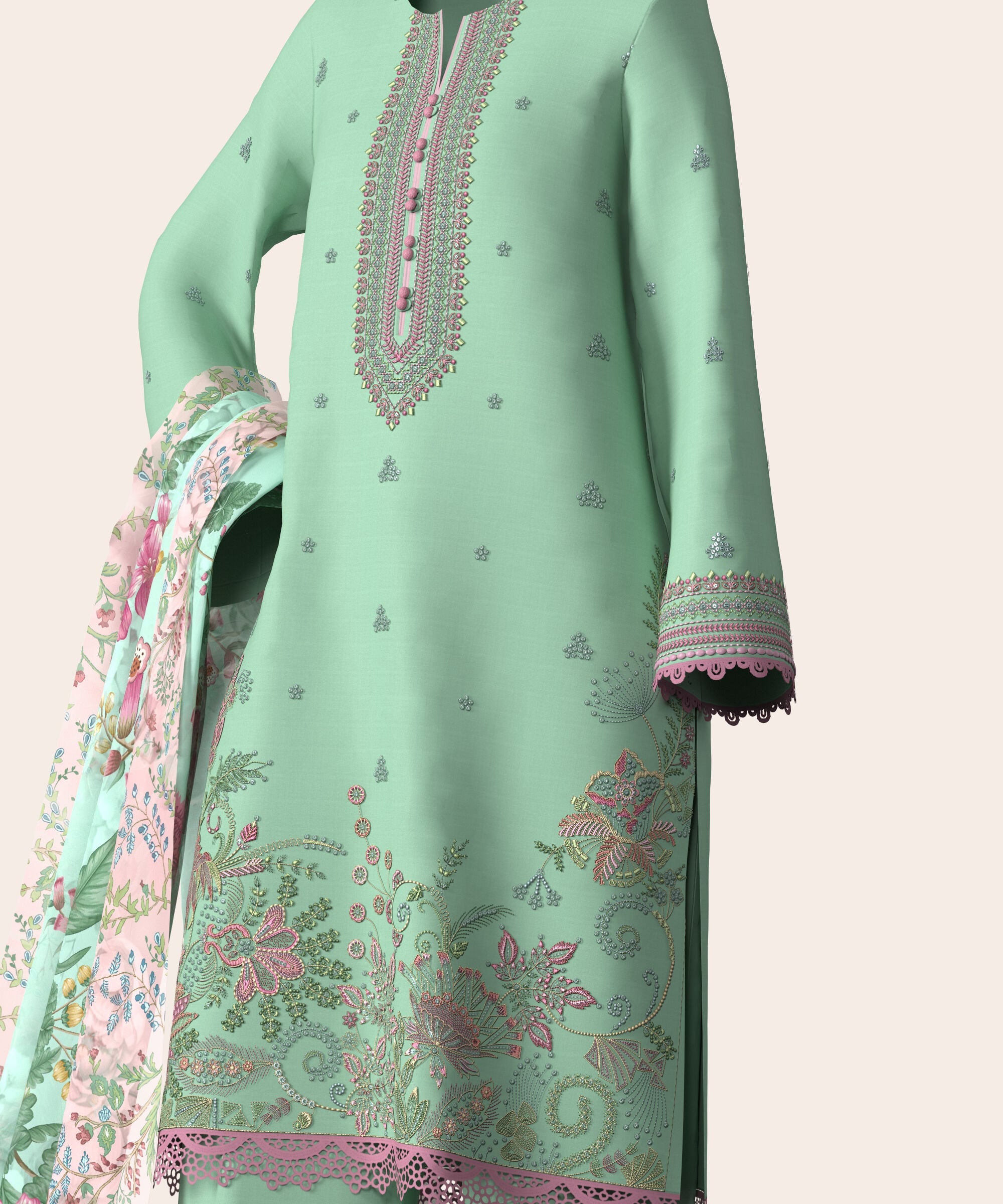 3 Piece - Dyed Embroidered Dobby Suit
