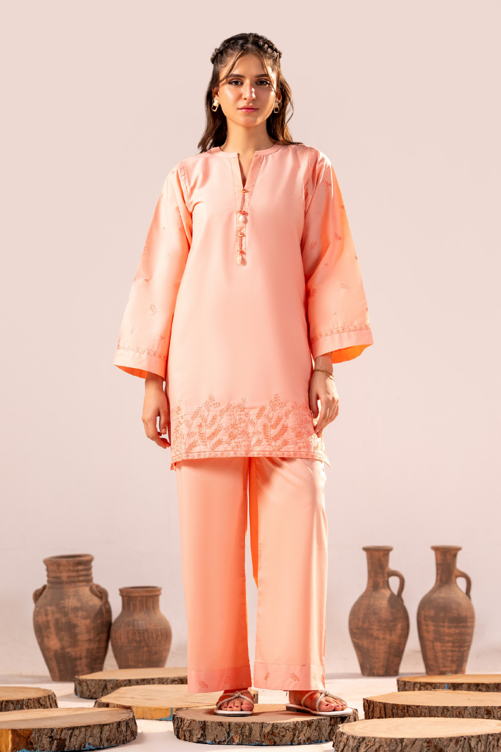 Peach Petal Emb Co-Ord Set | 2 PC