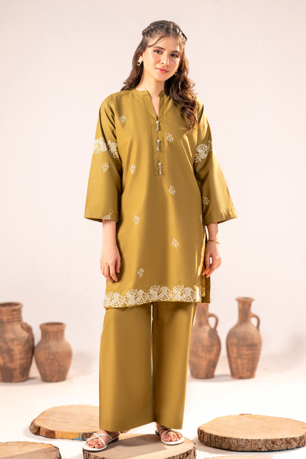 Olive Grace Emb Co-Ord Set | 2 PC