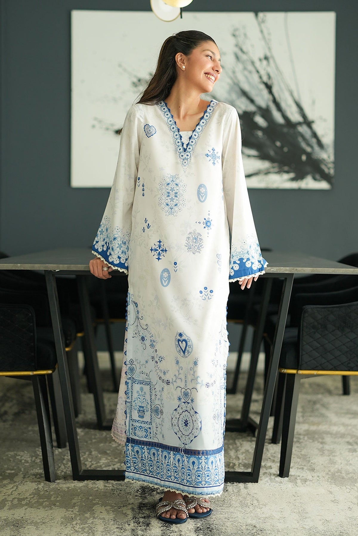 SS26DP-2955 OFF WHITE  - SILK - 1PCS PRINTED  KAFTAN