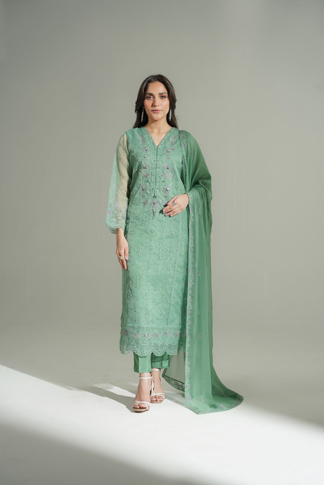 3 Piece Organza Embroidered Suit (FL0181)