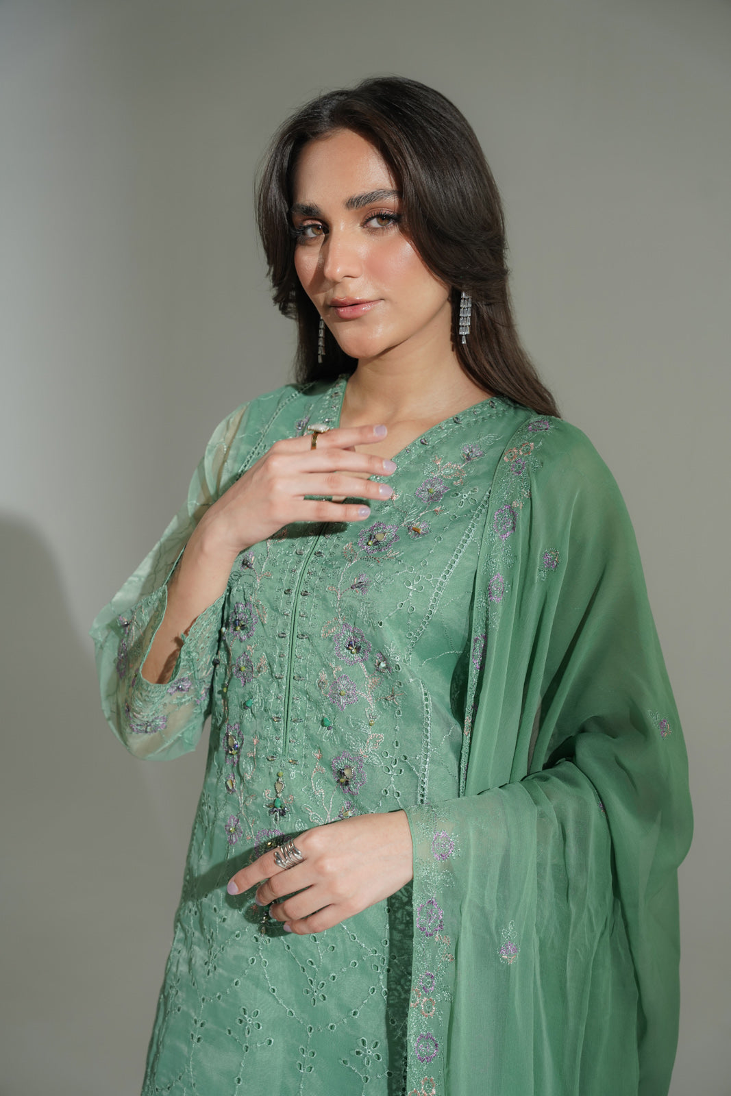 3 Piece Organza Embroidered Suit (FL0181)