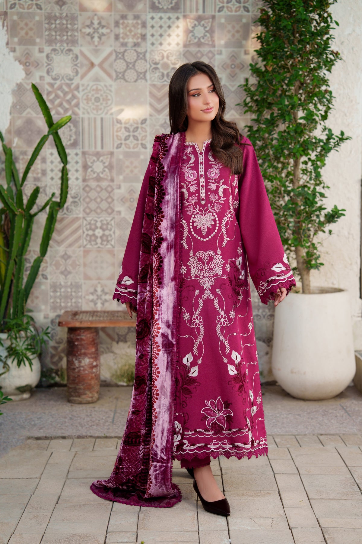Rs 13000 Aneelas Stitched Karandi Emb 3pc Palachi Shawl [KR-26-10] [Dispatch Time 2.5 Months]