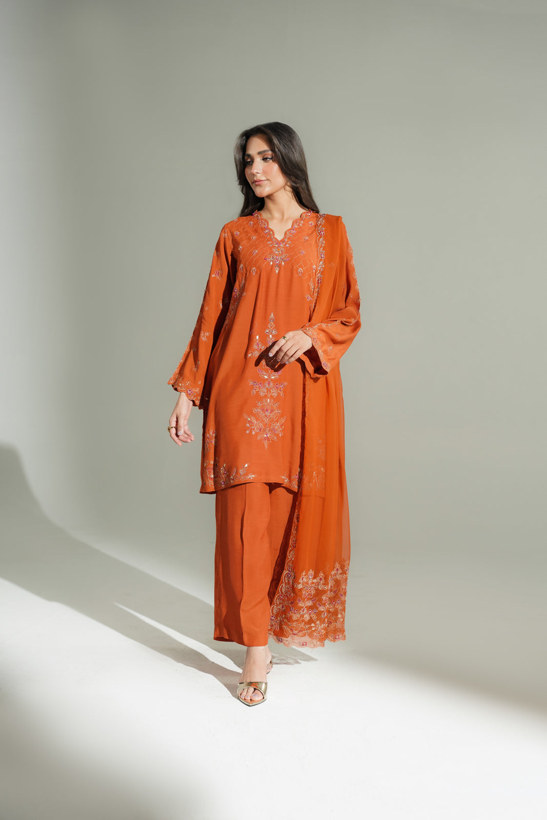3 Piece Raw Silk Embroidered Suit (FL0179)