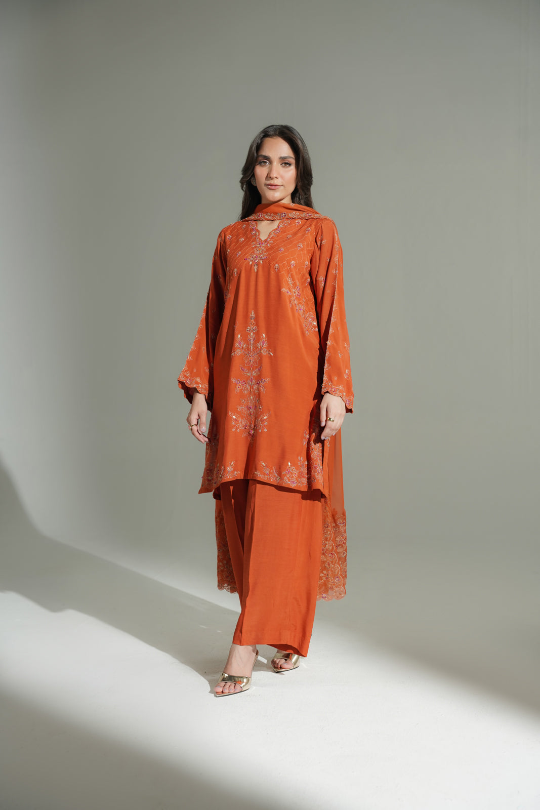 3 Piece Raw Silk Embroidered Suit (FL0179)