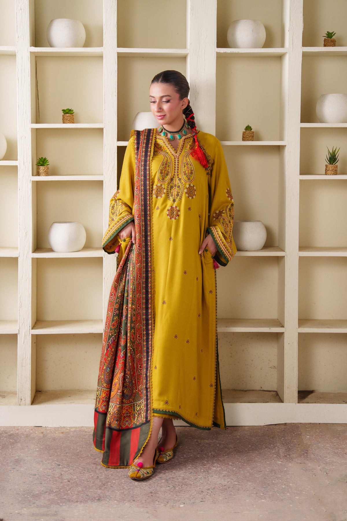 Aneelas Peach Wool Emb 3pc With Printed Shawl [PLX-26-07] [Dispatch Time 2.5 Months]