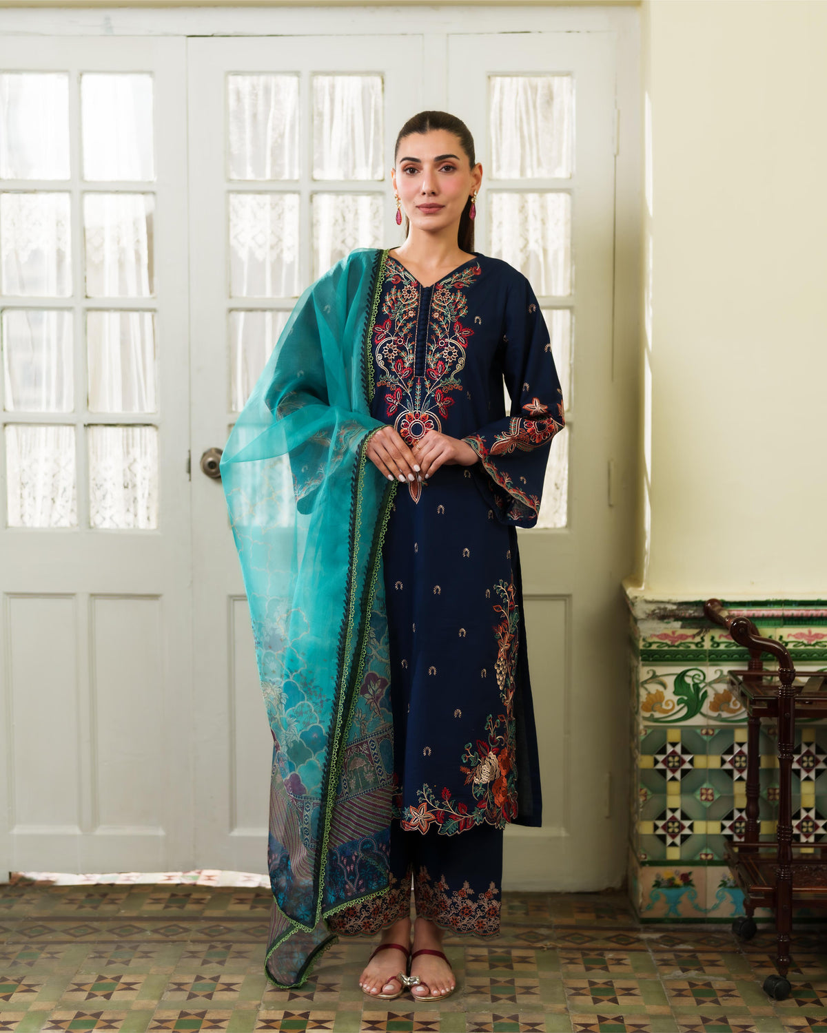 LIANA NAVY BLUE 3PCS SET - BROWN DUPATTA
