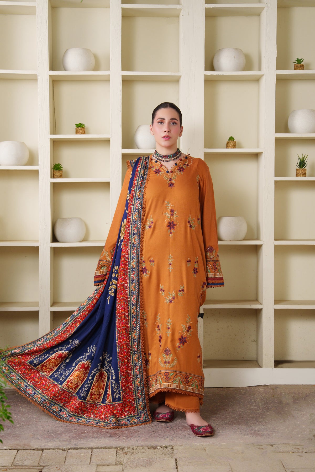 Aneelas Peach Wool Emb 3pc With Printed Duppata [PLX-26-06] [Dispatch Time 2.5 Months]