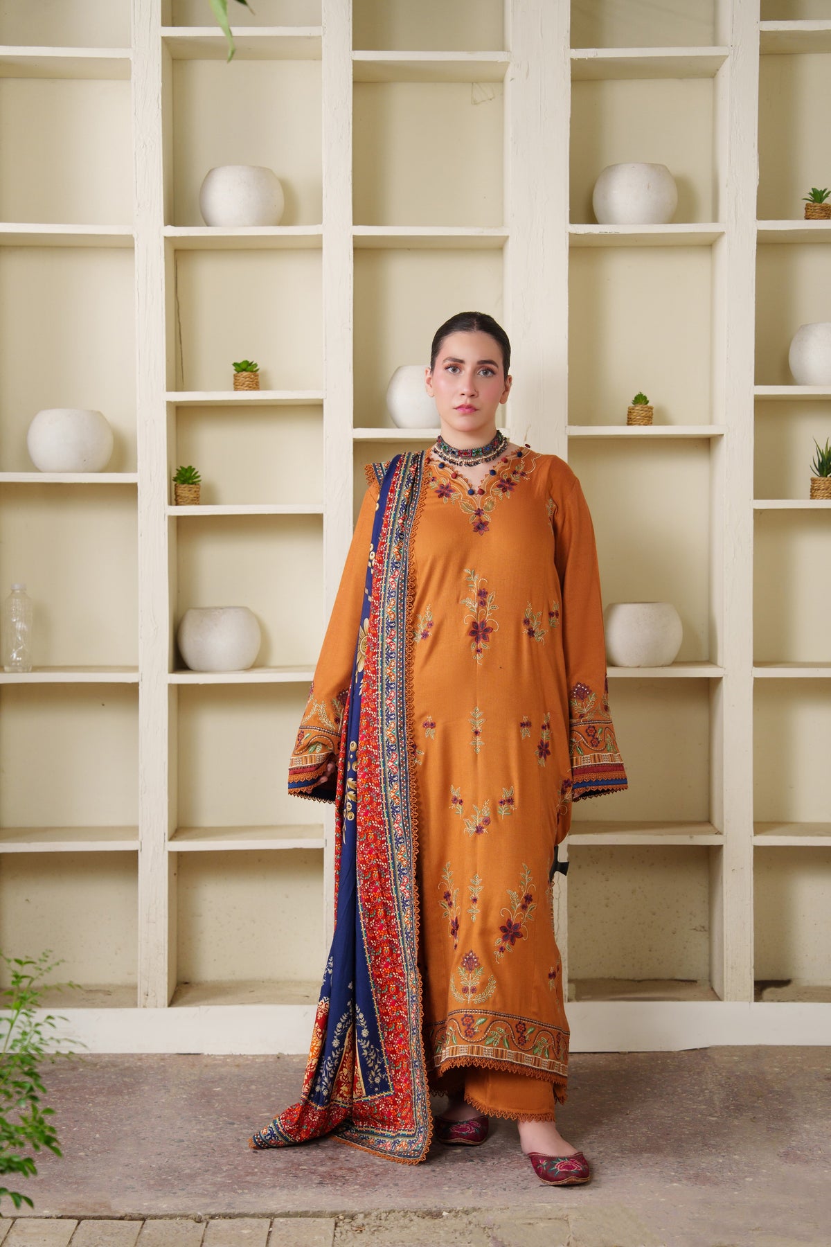 Aneelas Peach Wool Emb 3pc With Printed Duppata [PLX-26-06] [Dispatch Time 2.5 Months]