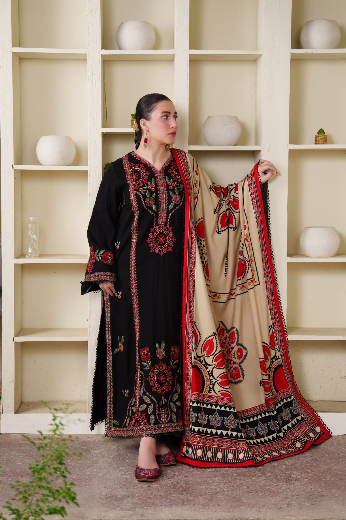 Rs 13500 Aneelas Stitched Peach Wool Emb 3pc With Printed Duppata [PLX-26-05][Dispatch Time 2 Month]