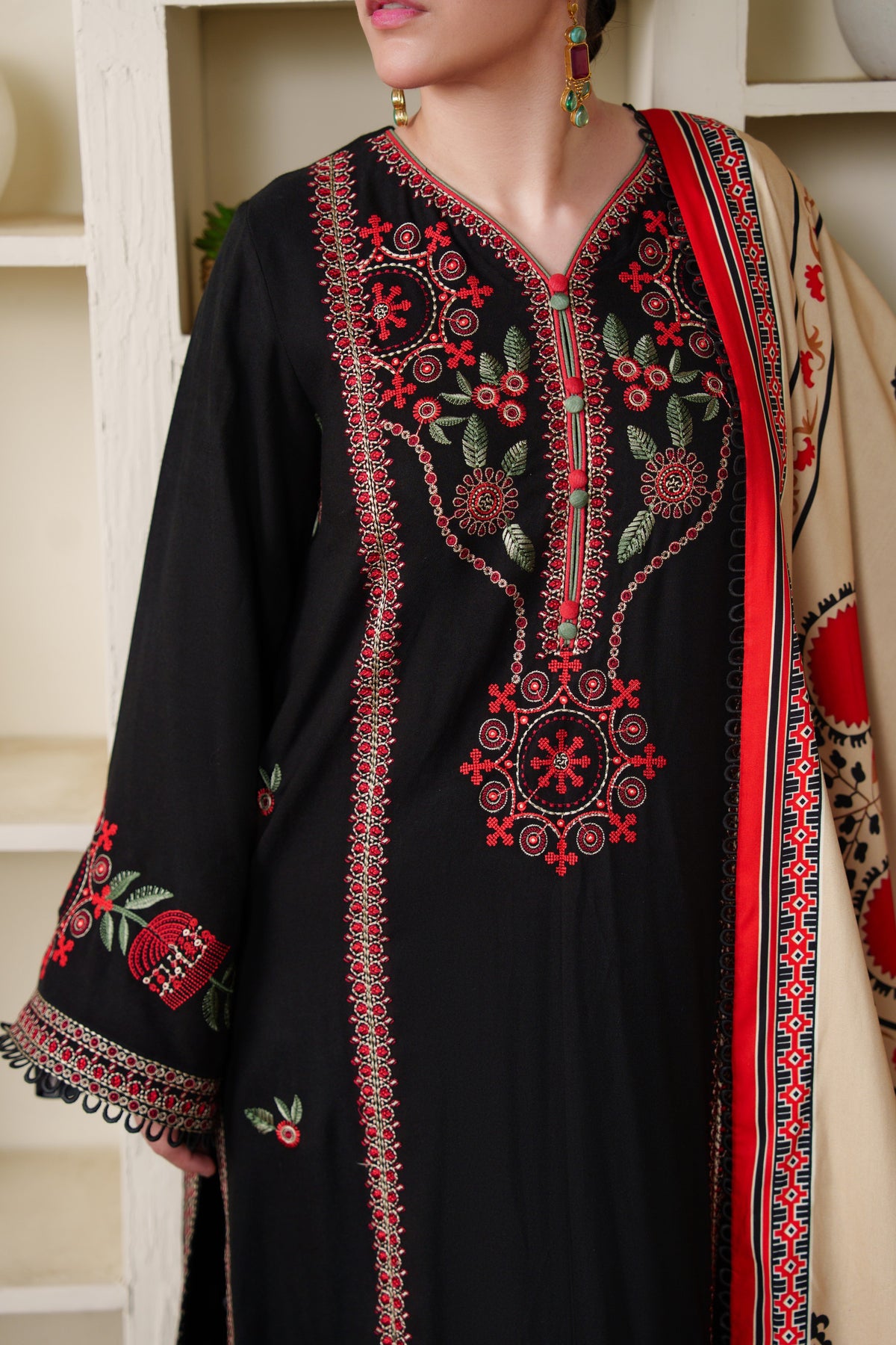 Aneelas Peach Wool Emb 3pc With Printed Duppata [PLX-26-05][Dispatch Time 2 Month]