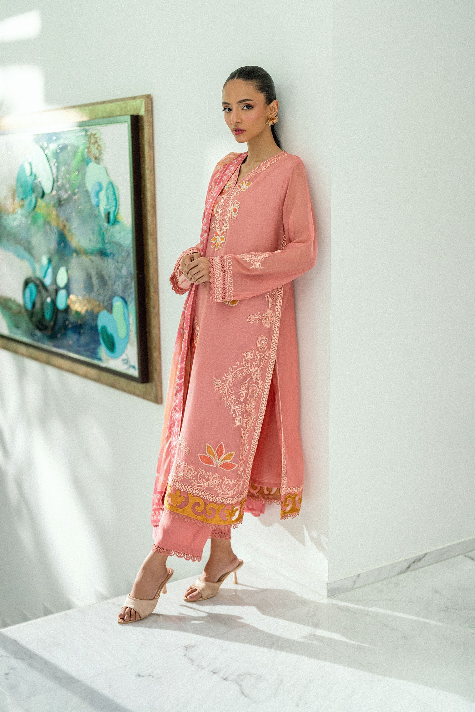 SS25DA-2721 PINK  2PCS EMBROIDERED KURTA WITH TROUSER