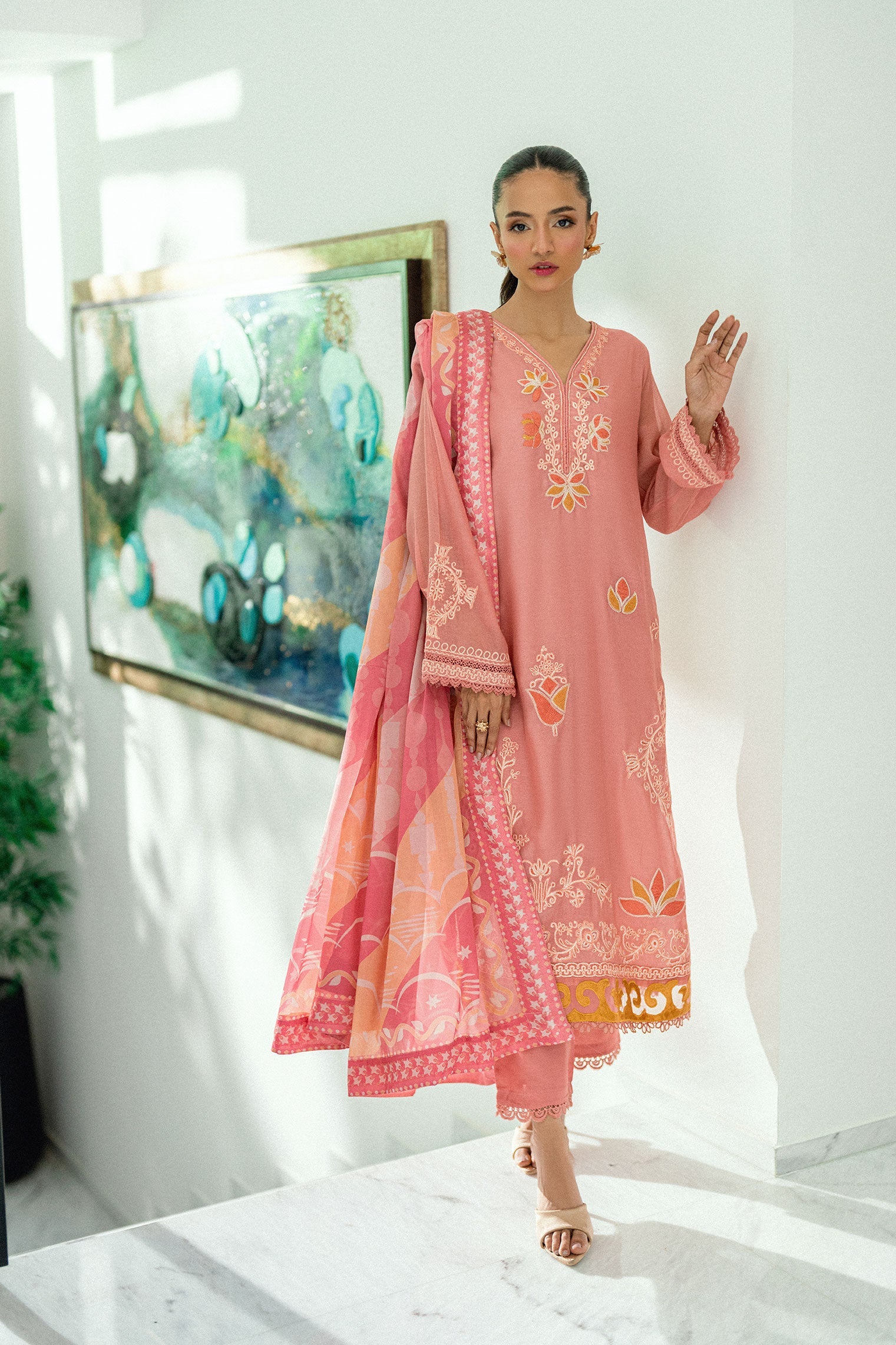SS25DA-2721 PINK  2PCS EMBROIDERED KURTA WITH TROUSER