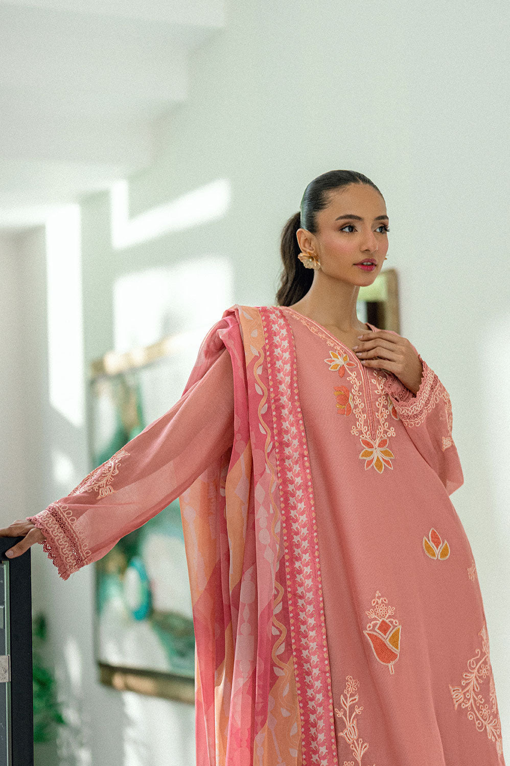 SS25DA-2721 PINK  2PCS EMBROIDERED KURTA WITH TROUSER