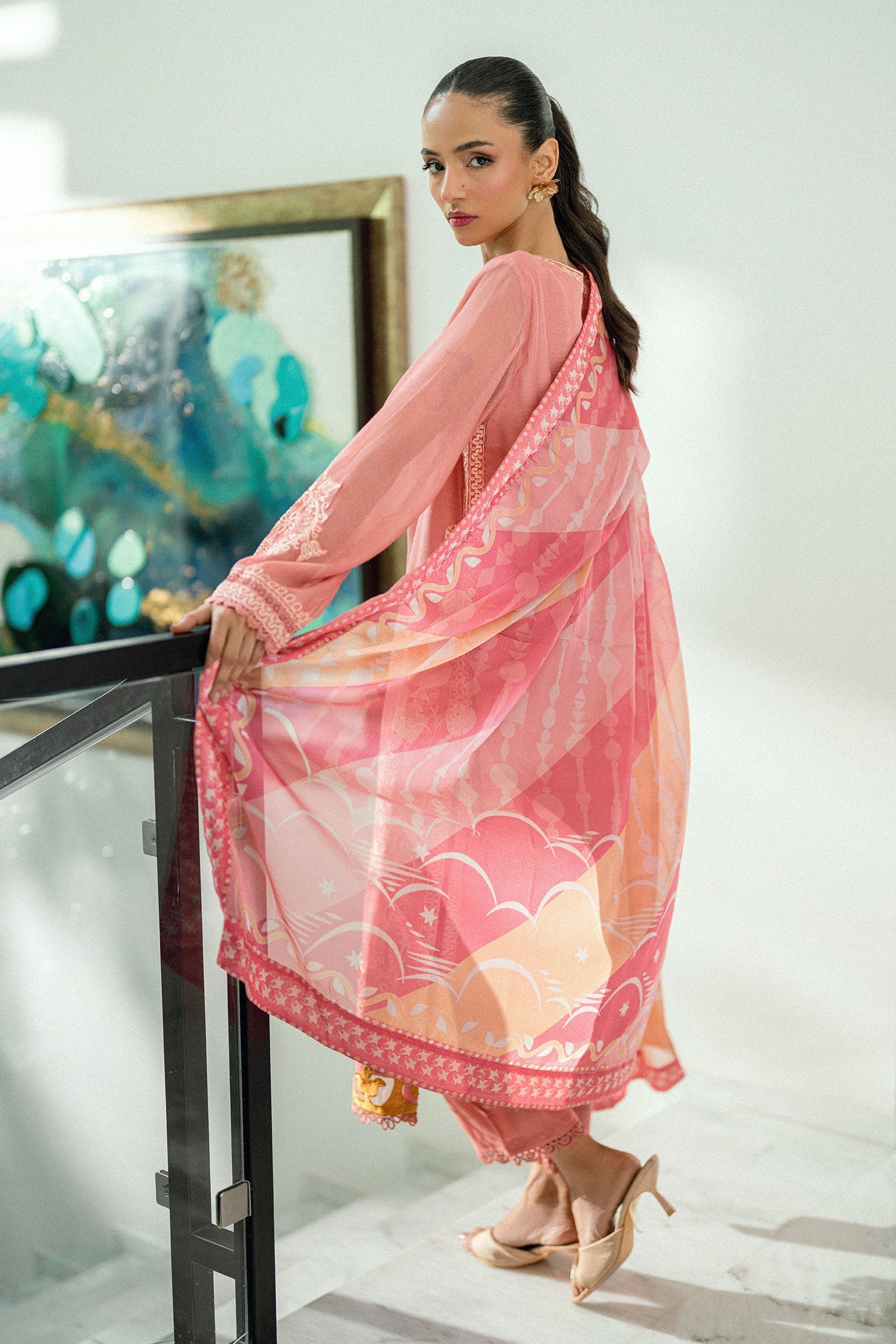 SS25DA-2721 PINK  2PCS EMBROIDERED KURTA WITH TROUSER