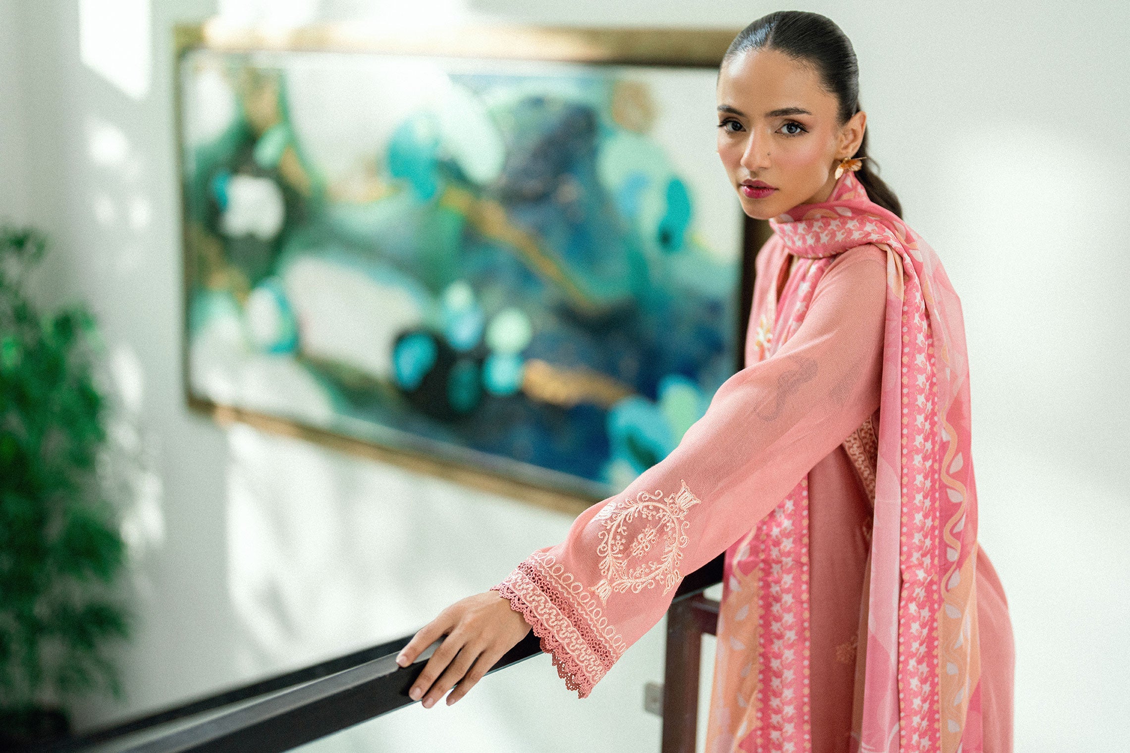 SS25DA-2721 PINK  2PCS EMBROIDERED KURTA WITH TROUSER