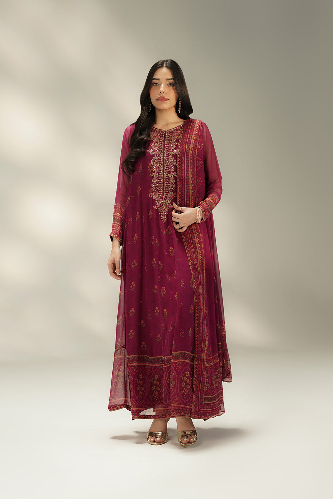 2 Piece Printed Chiffon Embroidered Suit (FS0136)