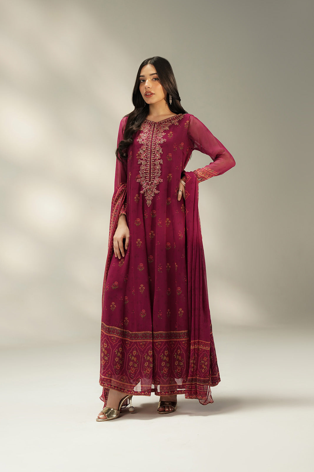 2 Piece Printed Chiffon Embroidered Suit (FS0136)