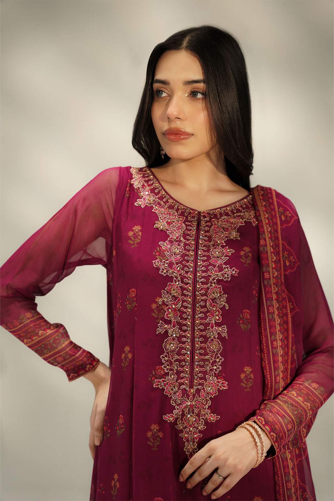 2 Piece Printed Chiffon Embroidered Suit (FS0136)