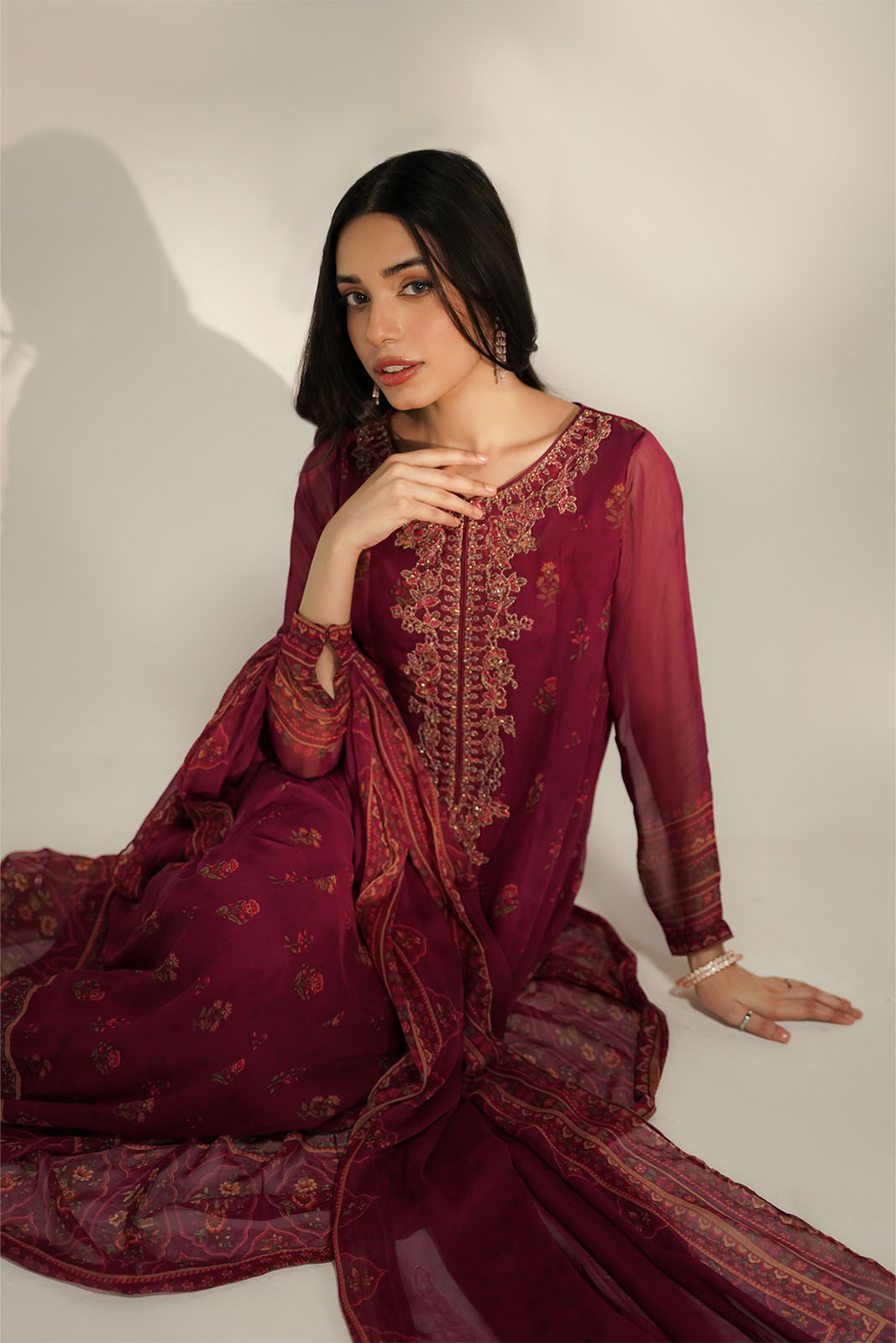 2 Piece Printed Chiffon Embroidered Suit (FS0136)