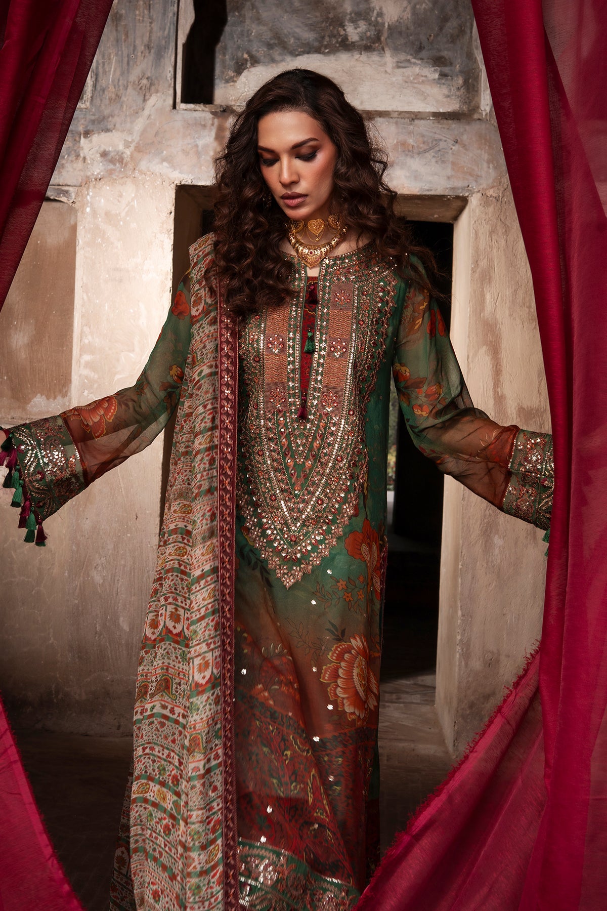 3-pc Unstitched Embroidered Printed Chiffon Collection VSL6-04