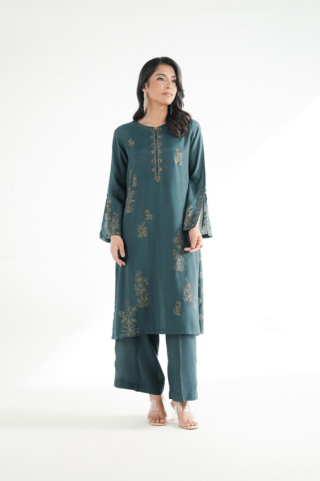 2 Piece Printed Raw Silk Embroidered Suit (FL0229)