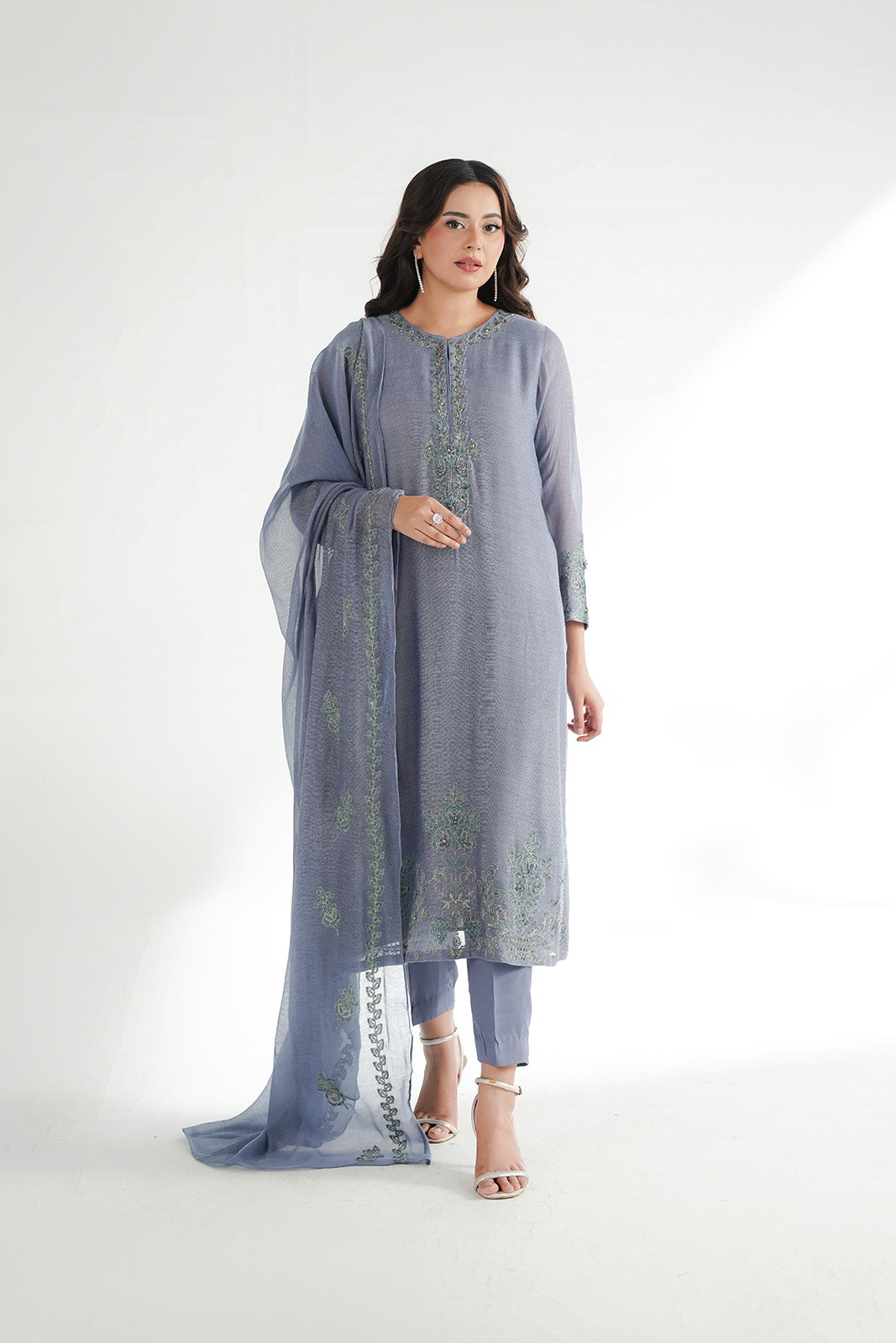 3 Piece Khaddi Net Embroidered Suit (FL0225)