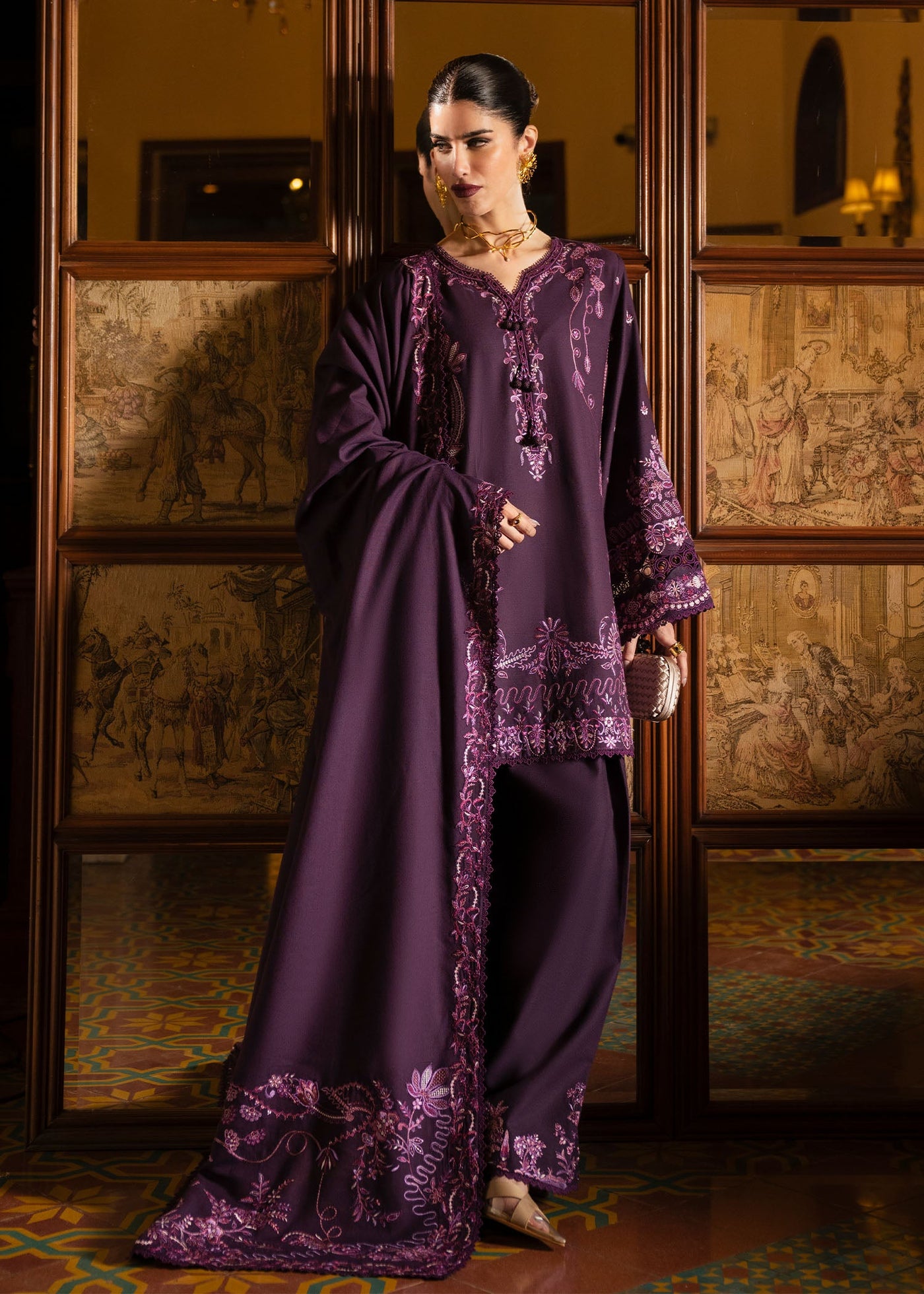 3PC Lawn Gold Printed Suit With Embroidered