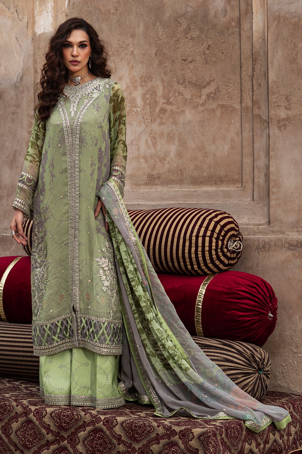 3-pc Unstitched Embroidered Printed Chiffon Collection VSL6-06