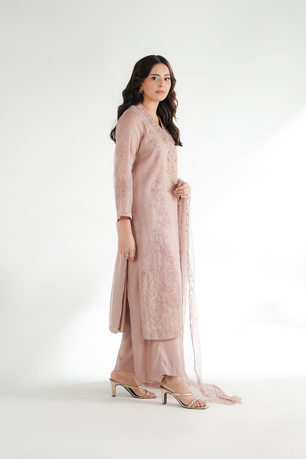 3 Piece Emboss Net Embroidered Suit (FL0227)