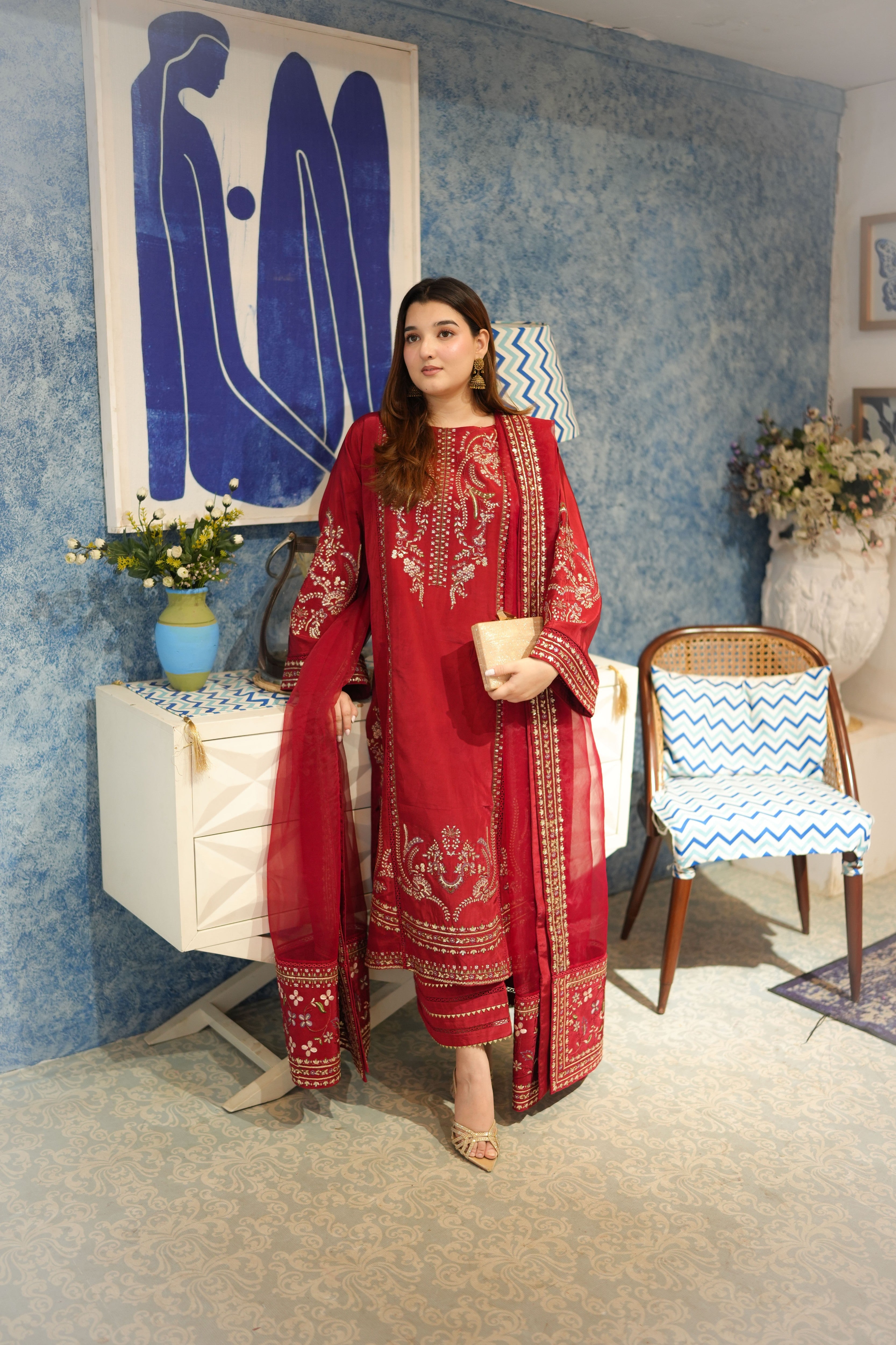 Aneelas Tussar Silk Semi Formal Emb 3pc Organza Duppata [FC-26] [Dispatch time 2 Months]