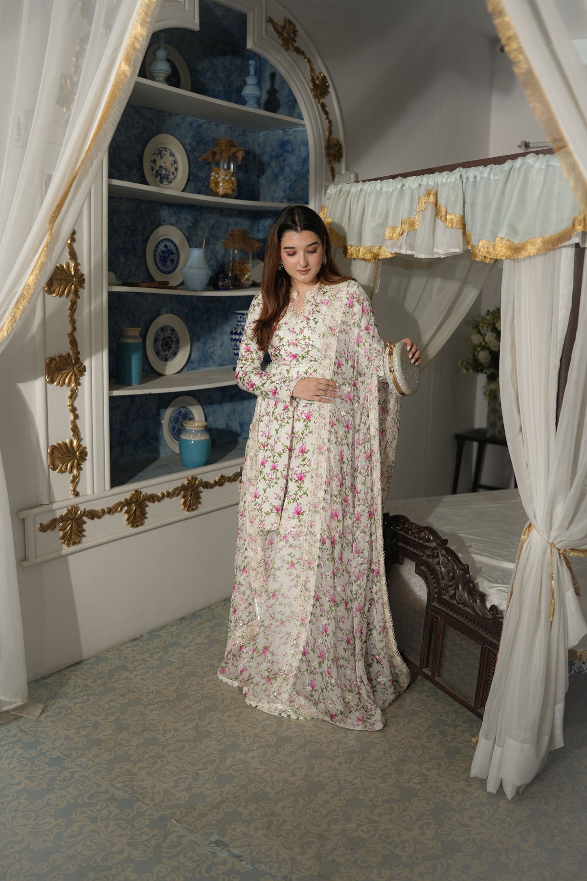 Aneelas UNstitched Silk Emb Printed 3pc With Chiffon Duppata[Silk Trouser] [FC-39-B][Dispatch Time 1 Month]