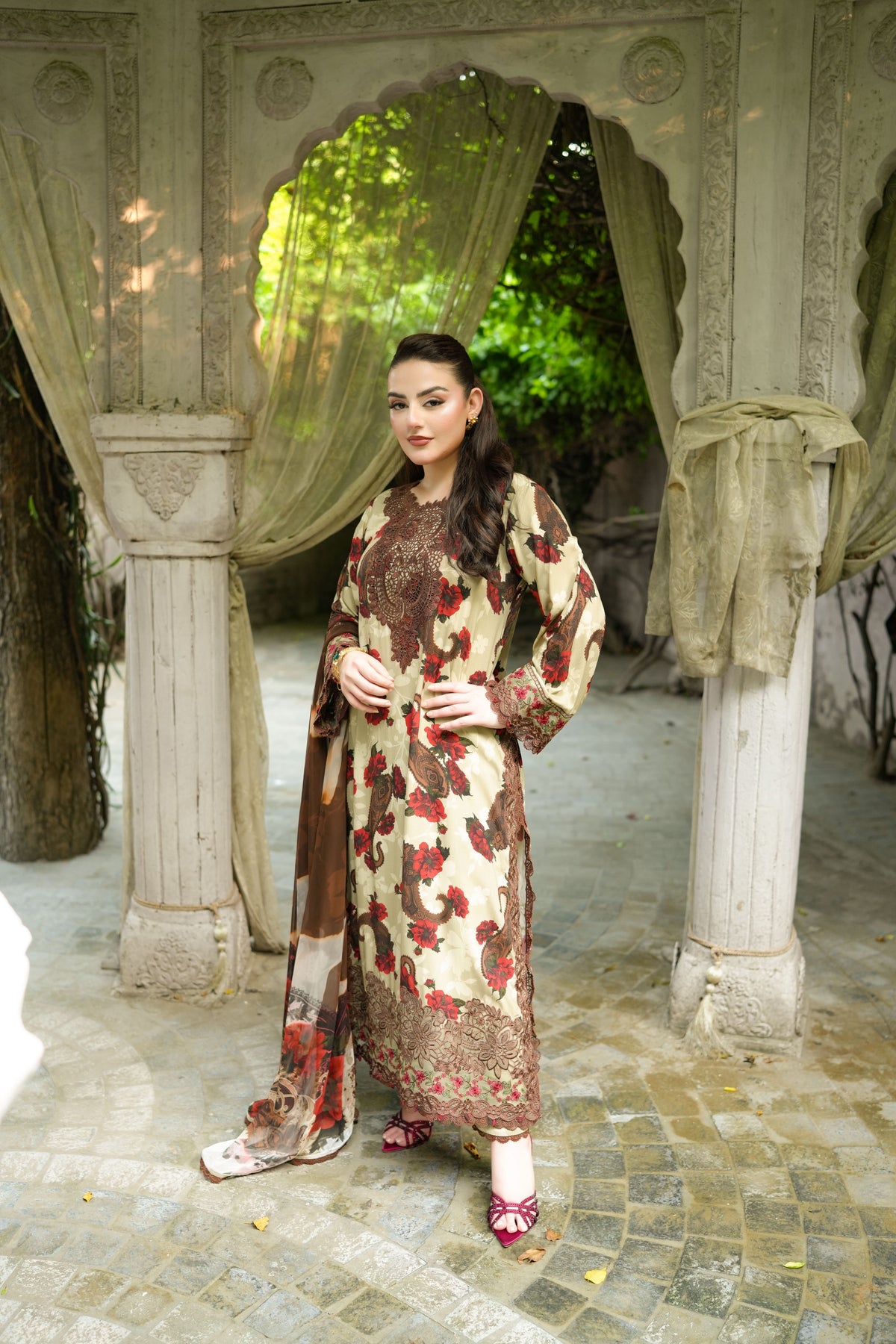 Aneelas Print Emb Viscose 3pc Chiffon Duppata [VC-05-B] [Dispatch Time 2 Months]