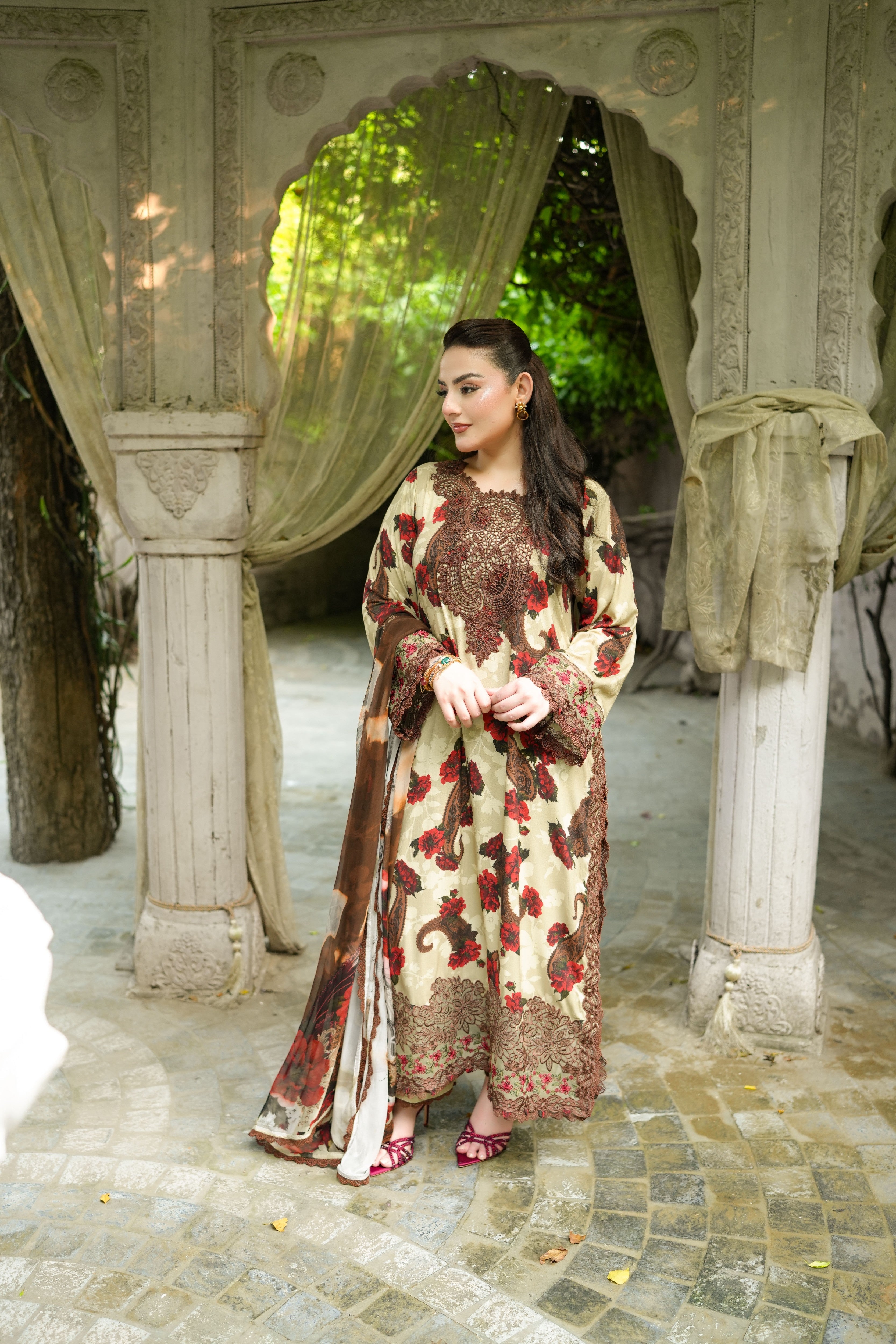 Aneelas Print Emb Viscose 3pc Chiffon Duppata [VC-05-B] [Dispatch Time 2 Months]