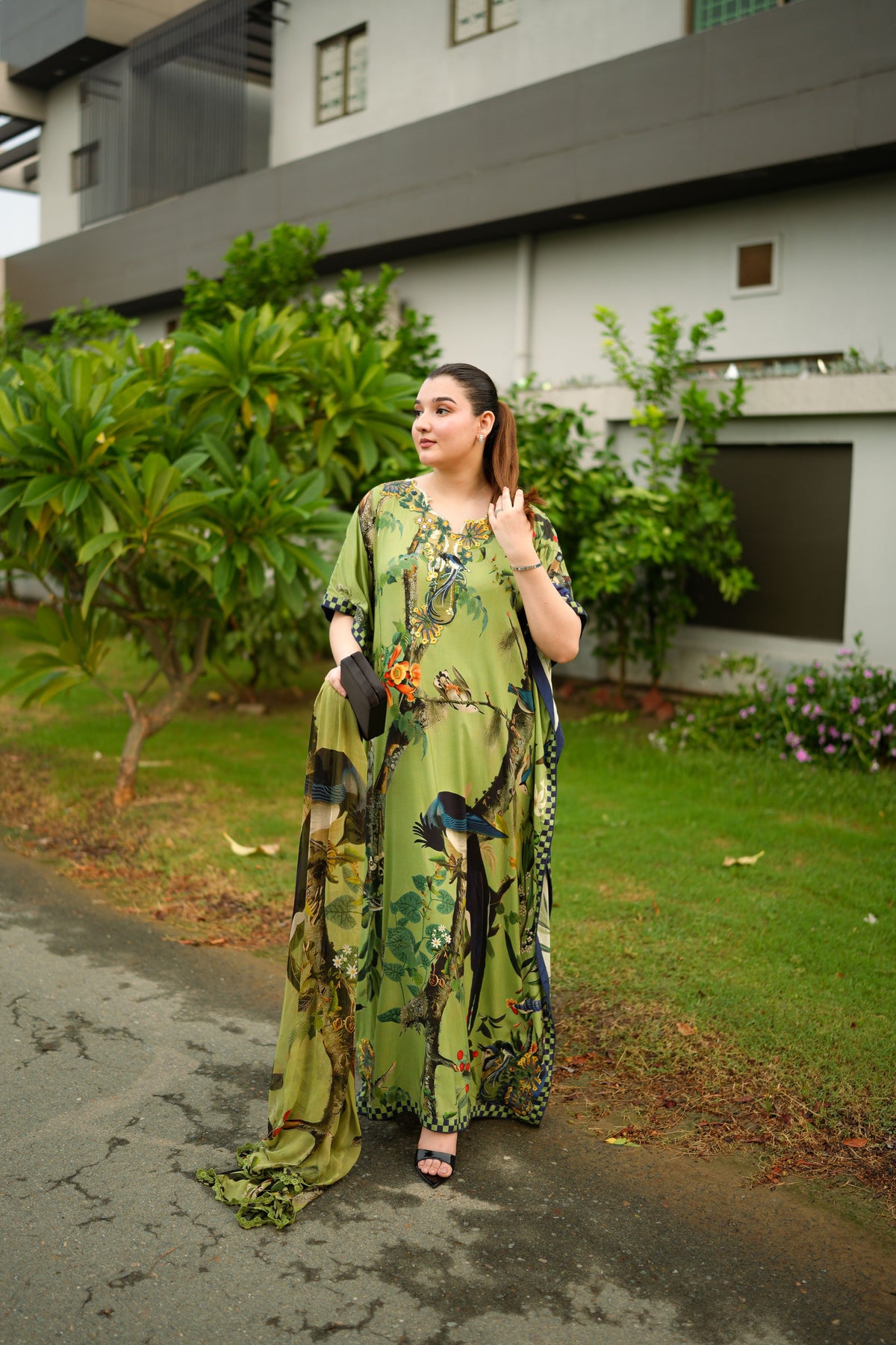 Aneelas Twill Print Embroidered Kaftan 3pc Twill Dupatta [WPR-26-01-B-B]