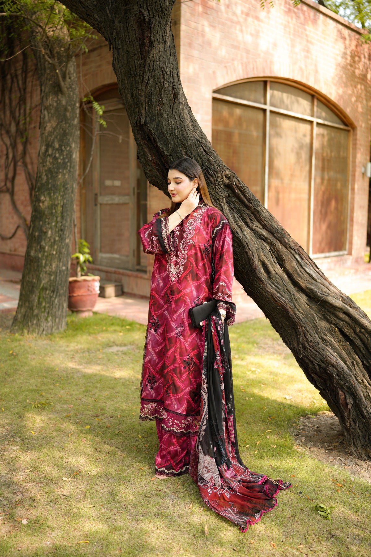 Aneelas Viscose Print Emb 3pc Chiffon Duppata [VC-26-16-B] [Dispatch Time 2.5 Months]