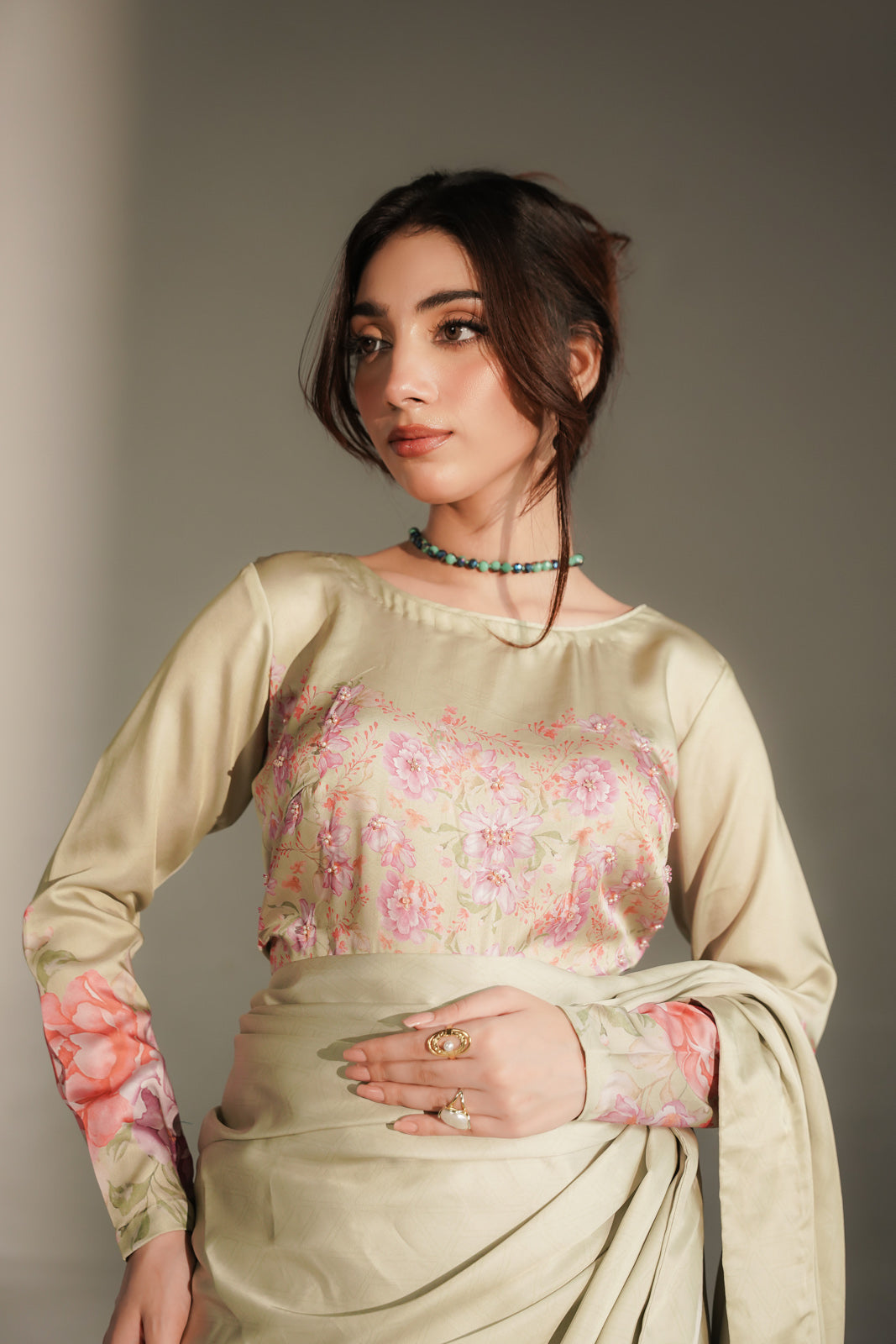 3 Piece Printed Shamoz Silk Embroidered Saree/Blouse/Petticoat (FW0035)
